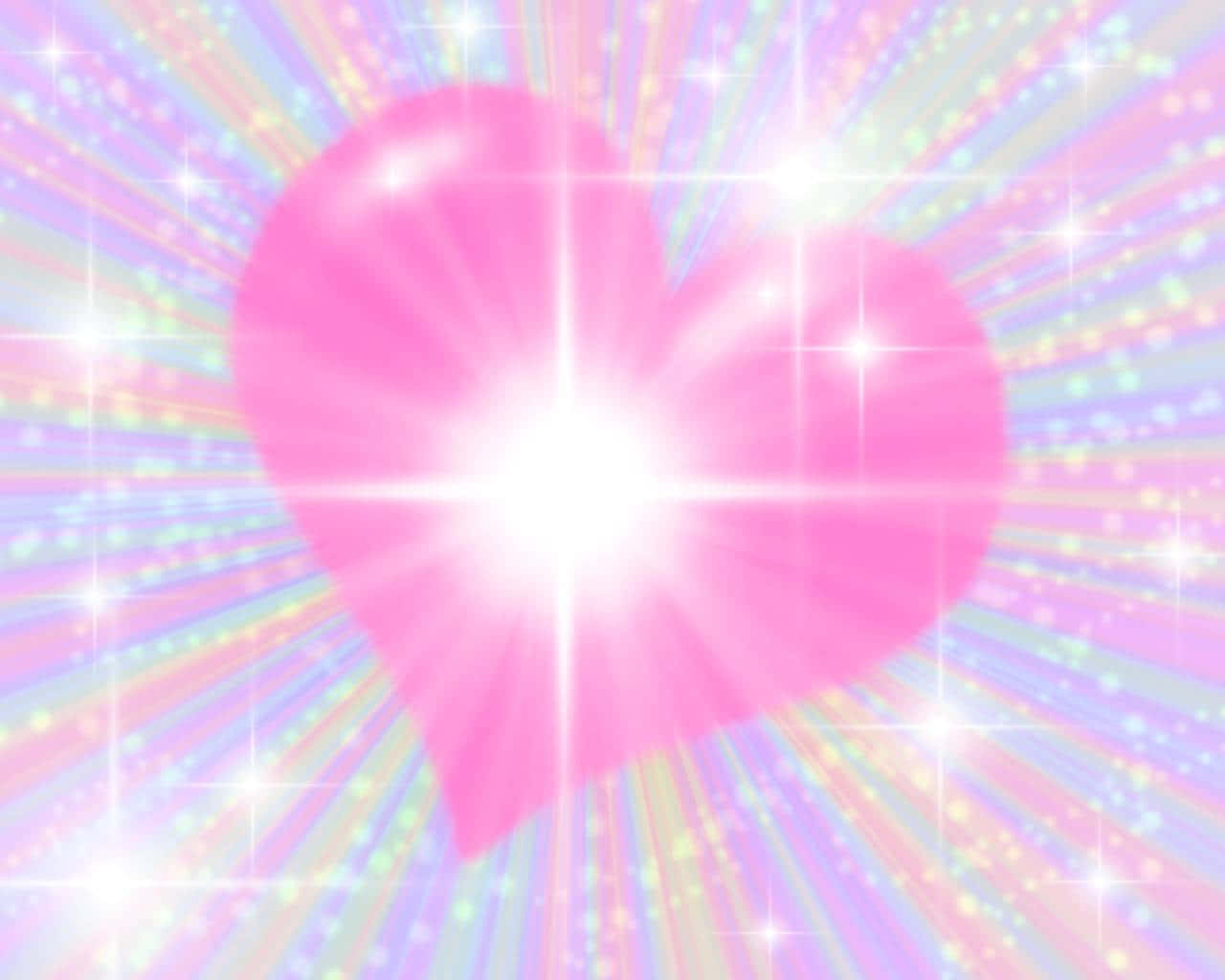 Glitter Pink Hearts 桌布 壁紙 — 一顆發光的粉紅色心臟在充滿閃爍星星的粉彩彩虹背景上發出明亮的光芒。
