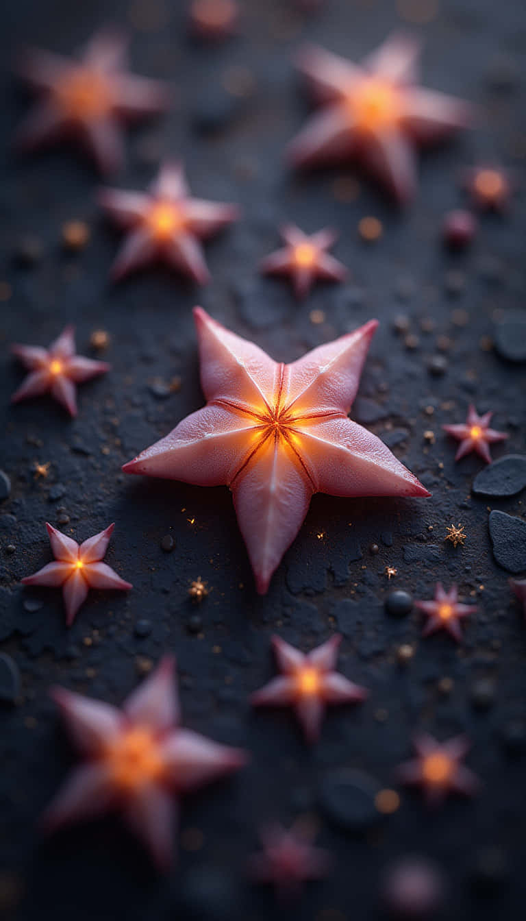花卉 桌布 壁紙 — 一顆發光的粉紅色楊桃放在深色紋理表面上，周圍環繞著模糊的楊桃和金色斑點。
