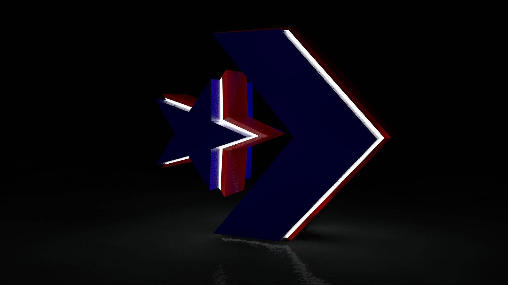Converse Logo 桌布 壁紙 — 一顆發光的紅、白、藍星與一個大膽的箭頭在深色背景上融合。
