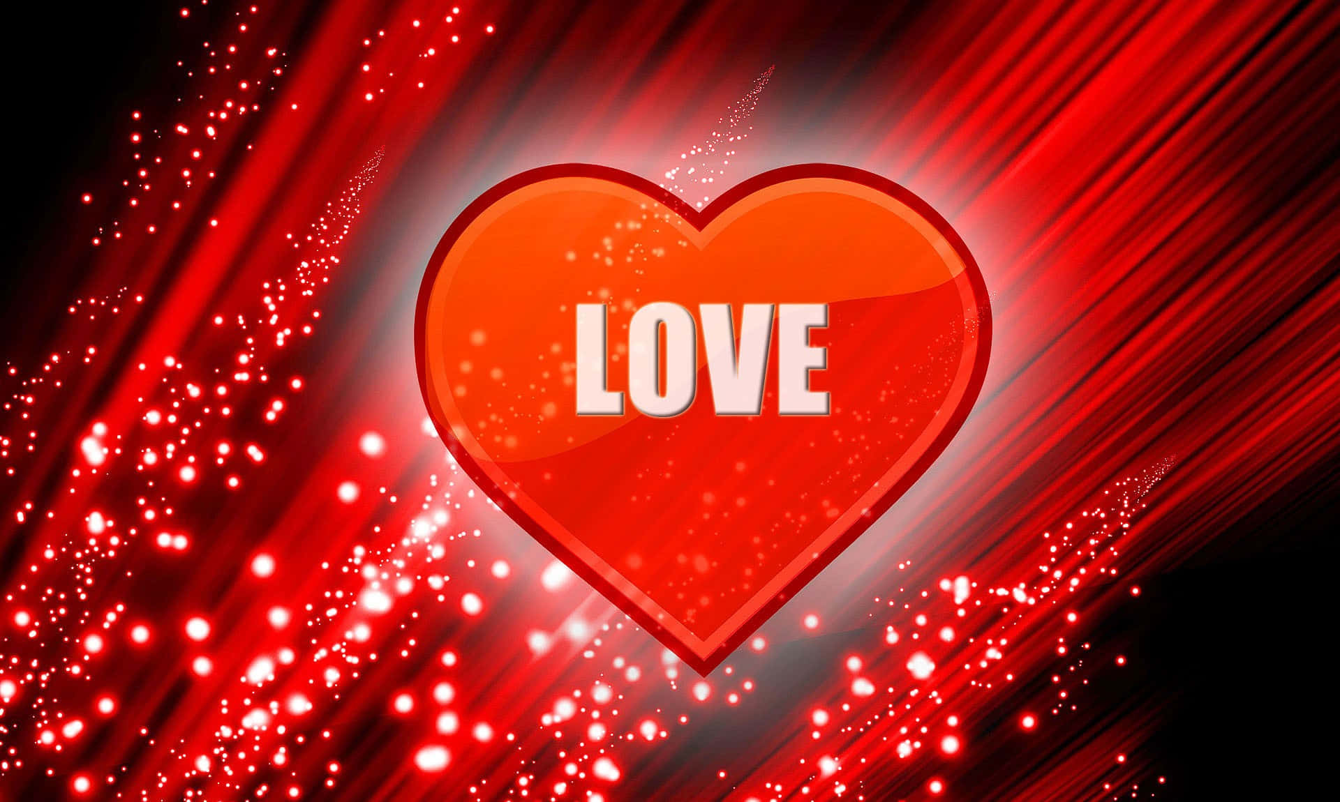Love Heart 桌布 壁紙 — 一顆發光的紅色心形，上面有LOVE字樣，在動態的紅色光爆背景下散發光芒。