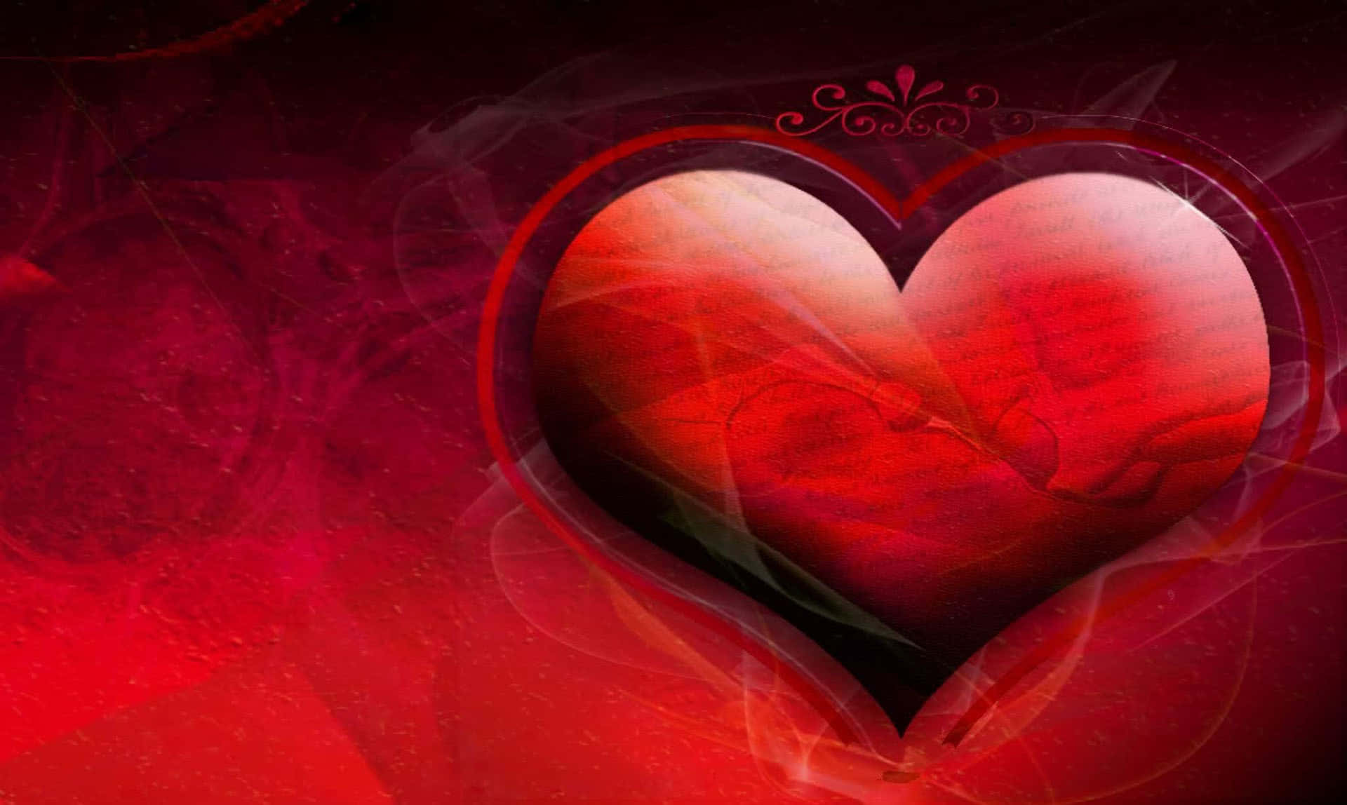 Love Heart 桌布 壁紙 — 一顆發光的紅色心臟，帶有旋轉的半透明層，漂浮在深紅色的抽象背景上。