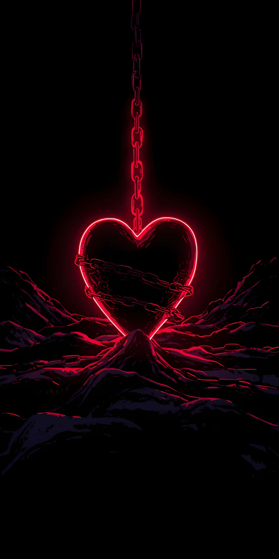 Glowing Bound Heart Neon Red Aesthetic Wallpaper 壁紙 — 一顆發光的紅色心臟用鏈條懸掛在鋸齒狀的黑色岩石上方，背景為黑色。