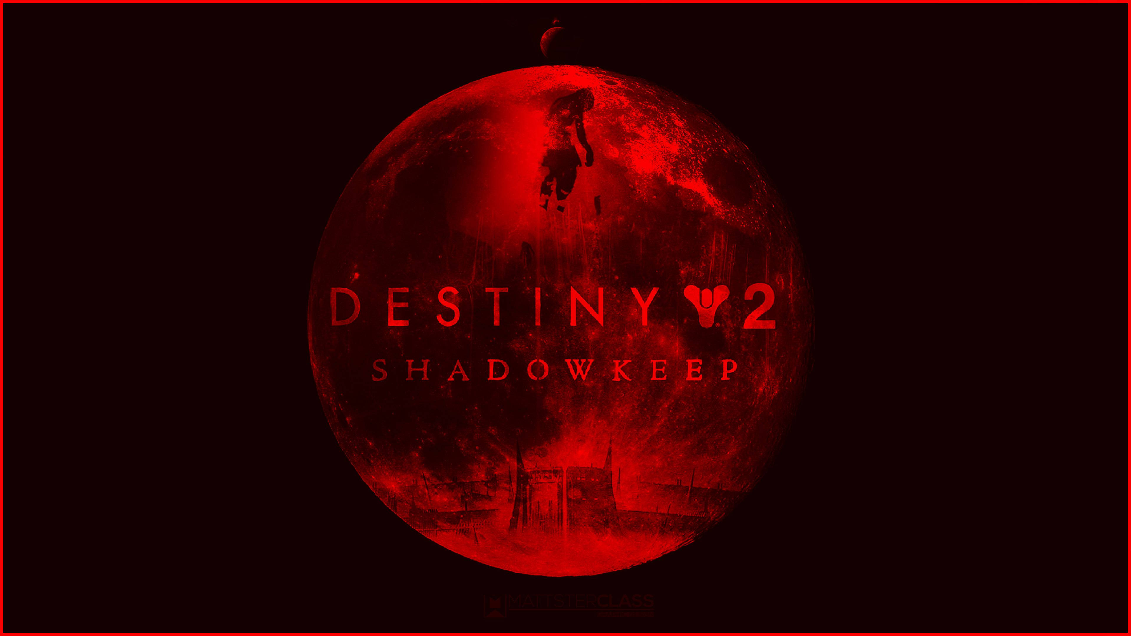 destiny 2 shadowkeep 桌布 壁紙 — 一顆發光的紅色行星，一個剪影人物在黑暗背景中墜落，背景有Destiny 2 Shadowkeep標誌。