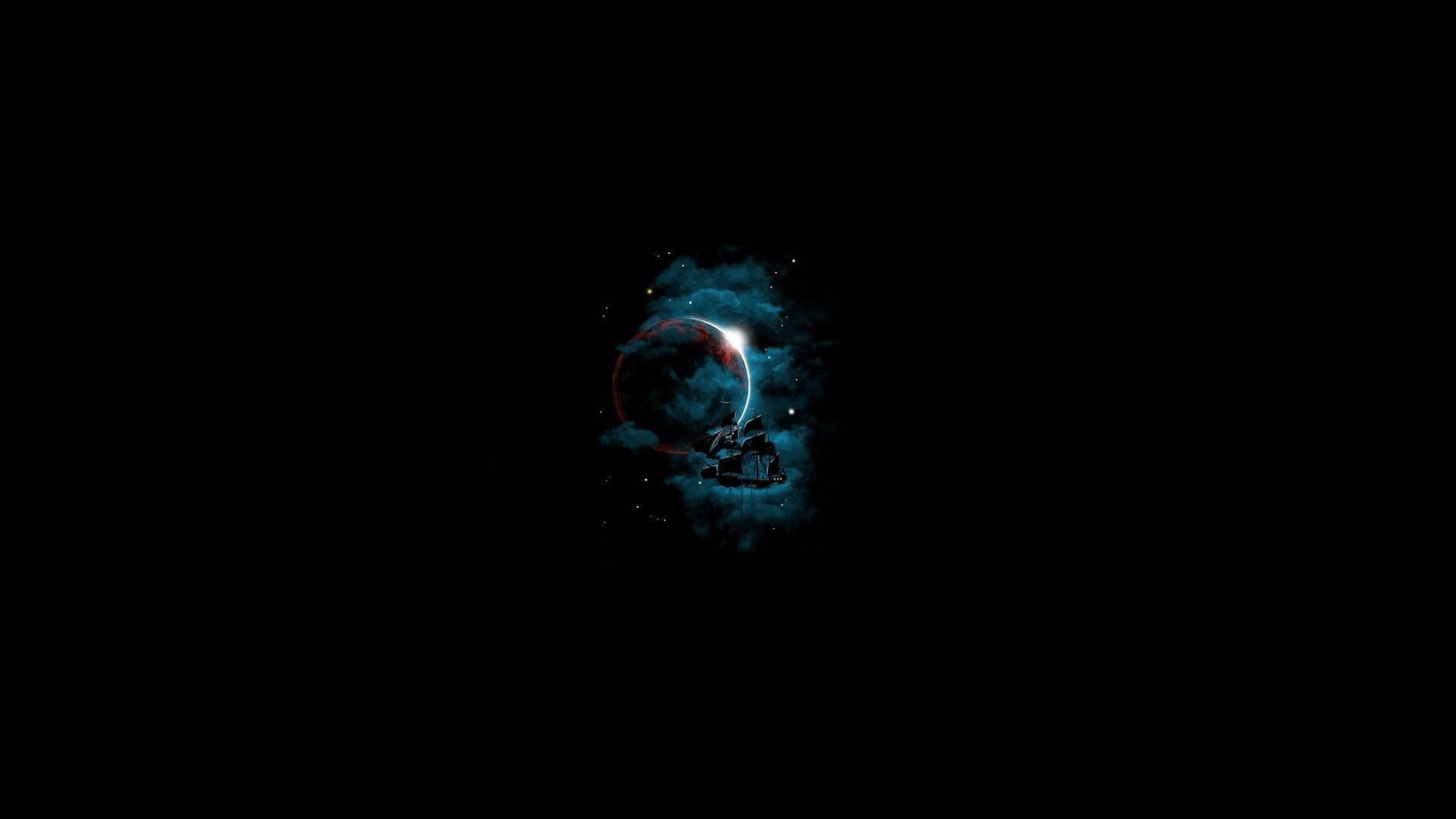 一顆紅色行星，帶有彎月和城堡，在宇宙雲中，背景是黑色太空。 — 船 GIF 壁紙