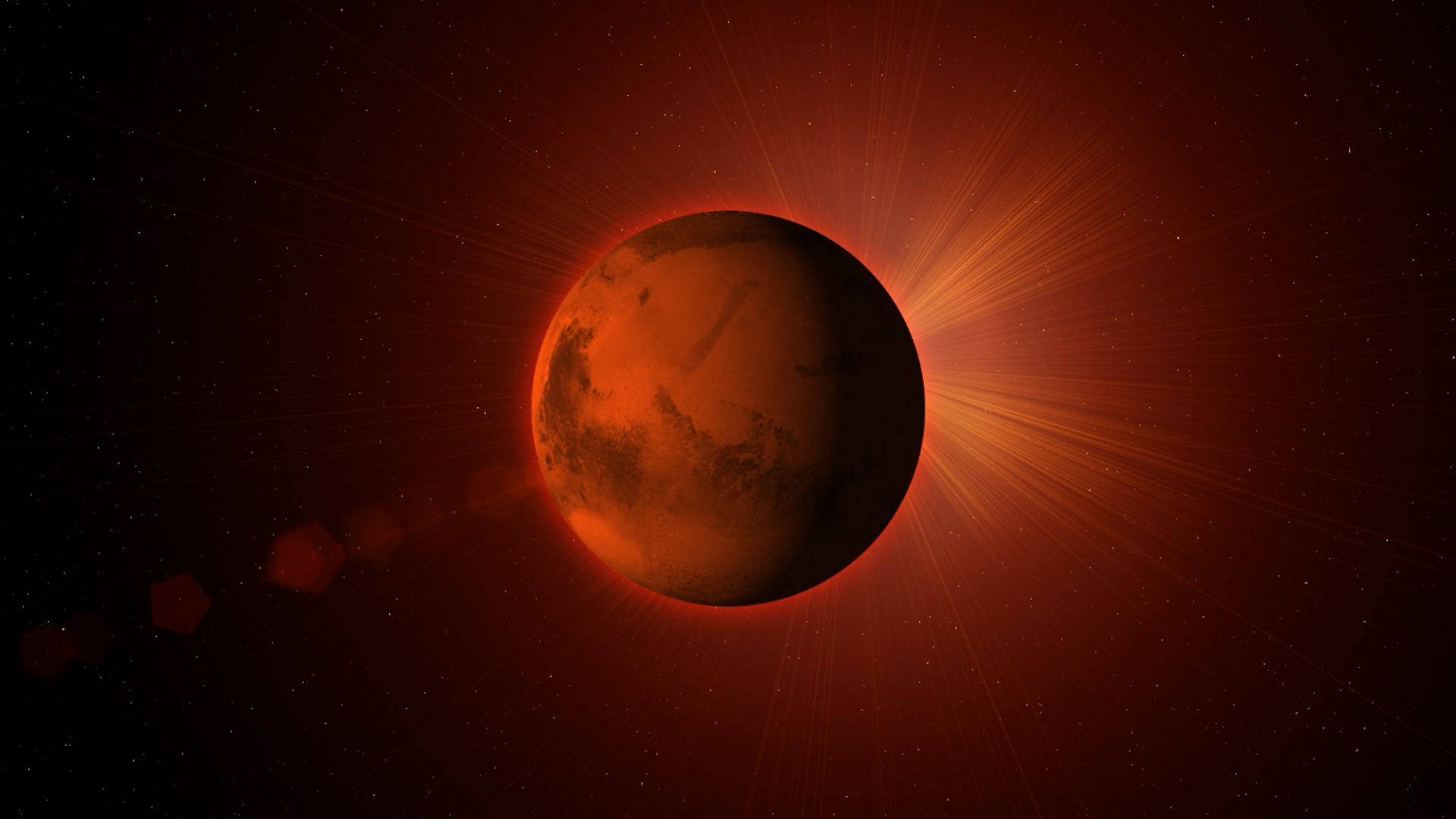 火星 桌布 壁紙 — 一顆發光的紅色行星，表面細節清晰，放射出耀眼的太陽光線，背景是繁星點點的宇宙。