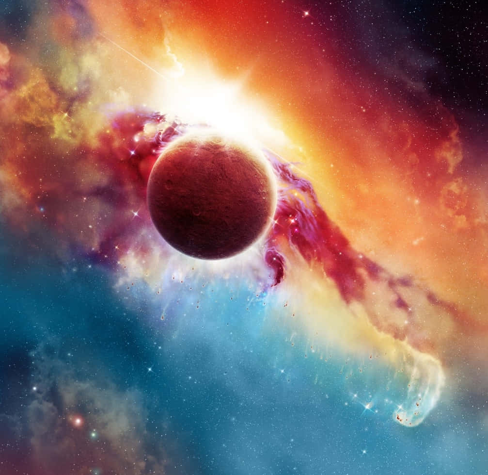 astrology 桌布 壁紙 — 一顆發光的紅色行星在充滿活力的宇宙星雲中運行，星雲呈現橙色、黃色和藍色，並有閃爍的星星。