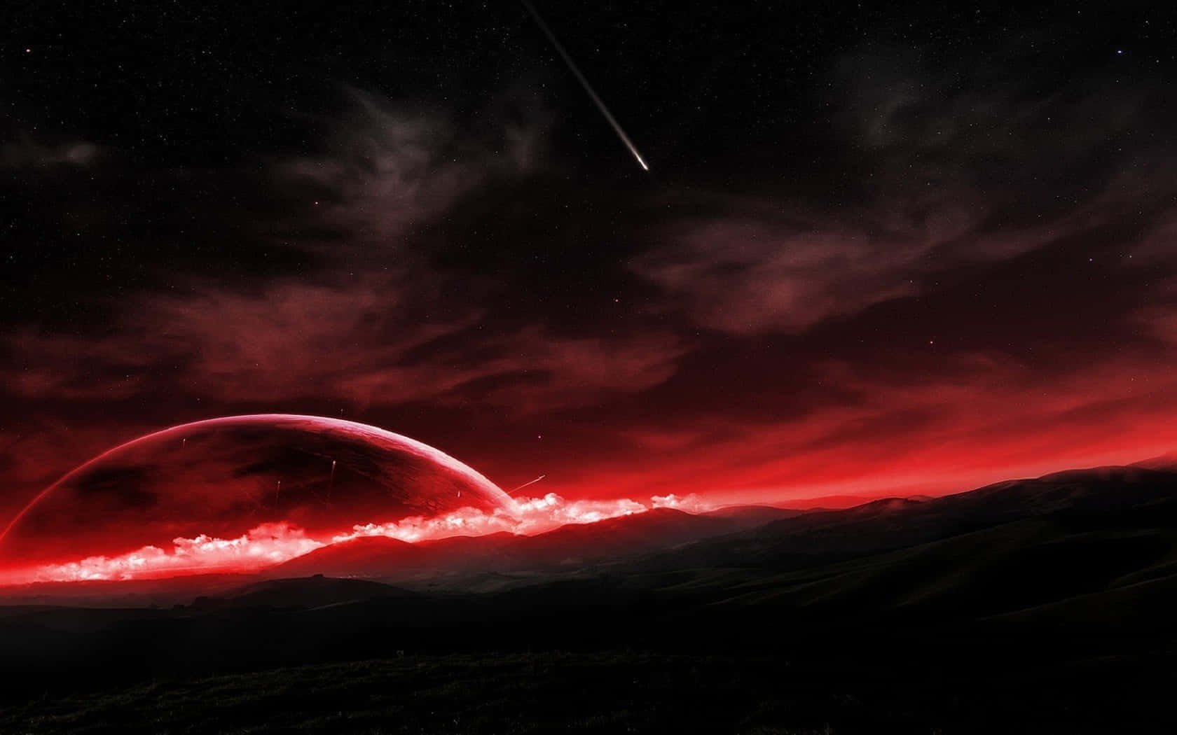 Animated Space 桌布 壁紙 — 一顆發光的紅色行星在繁星點點的天空下，越過黑暗的山丘升起，伴隨著一道流星劃過。