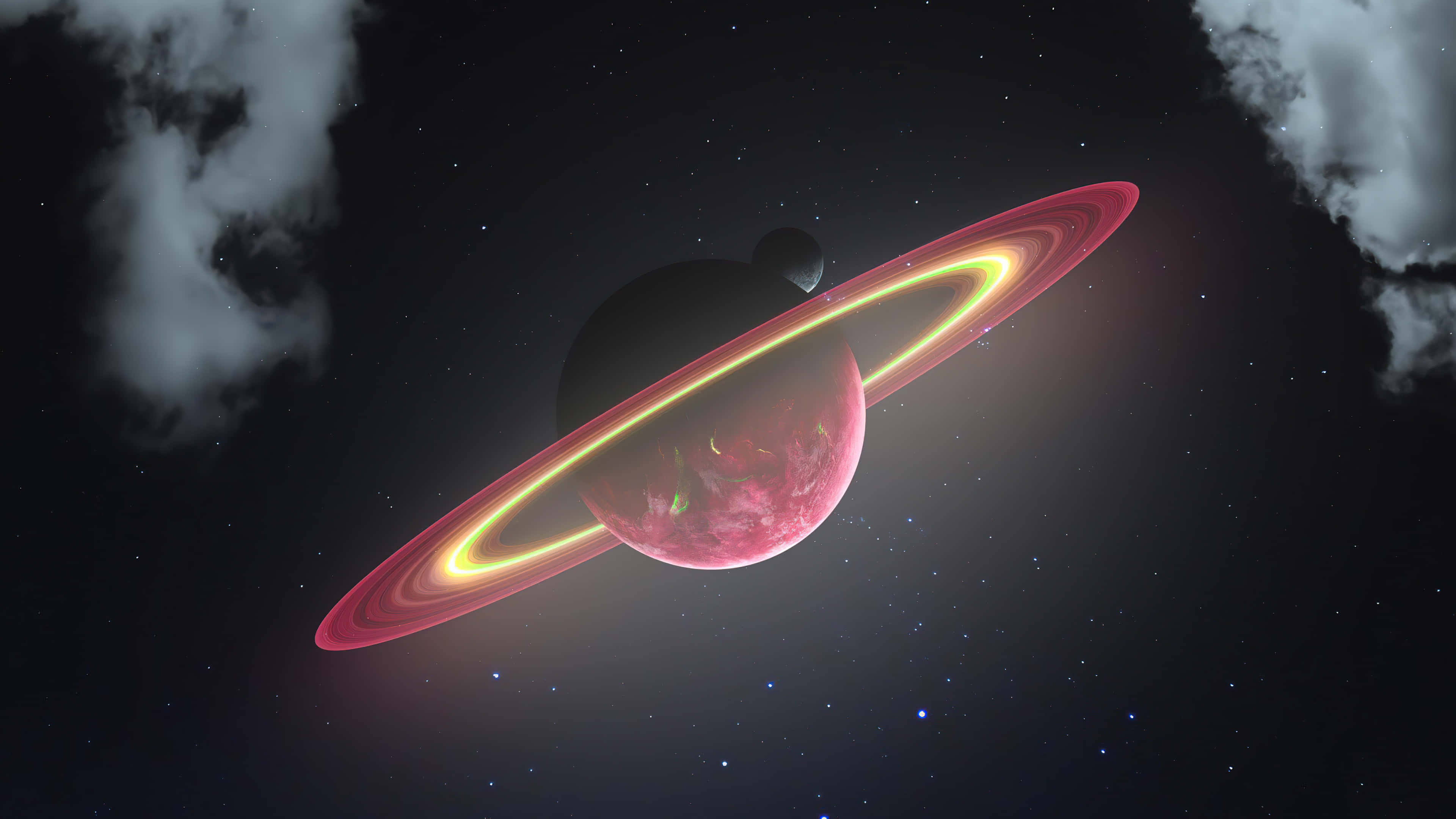 桌布 壁紙 — 一顆發光的紅色行星帶有鮮豔的光環，漂浮在星空中，被宇宙雲層環繞。