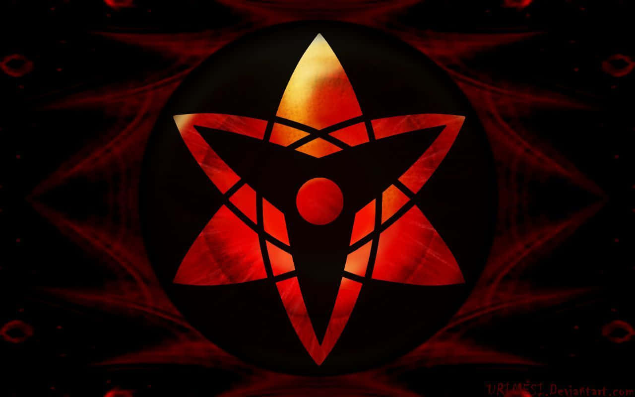 動漫 桌布 壁紙 — 一顆發光的紅金色六角星，中央有一個圓圈，在黑暗旋轉的紅色背景上放射光芒。