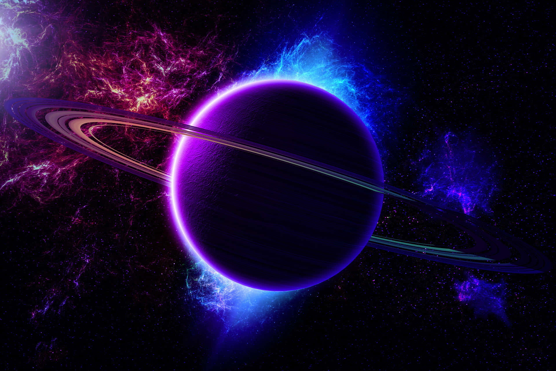 土星 桌布 壁紙 — 一顆發光的紫色環狀行星，在繁星點點的宇宙虛空中散發出電光藍和洋紅色的星雲。