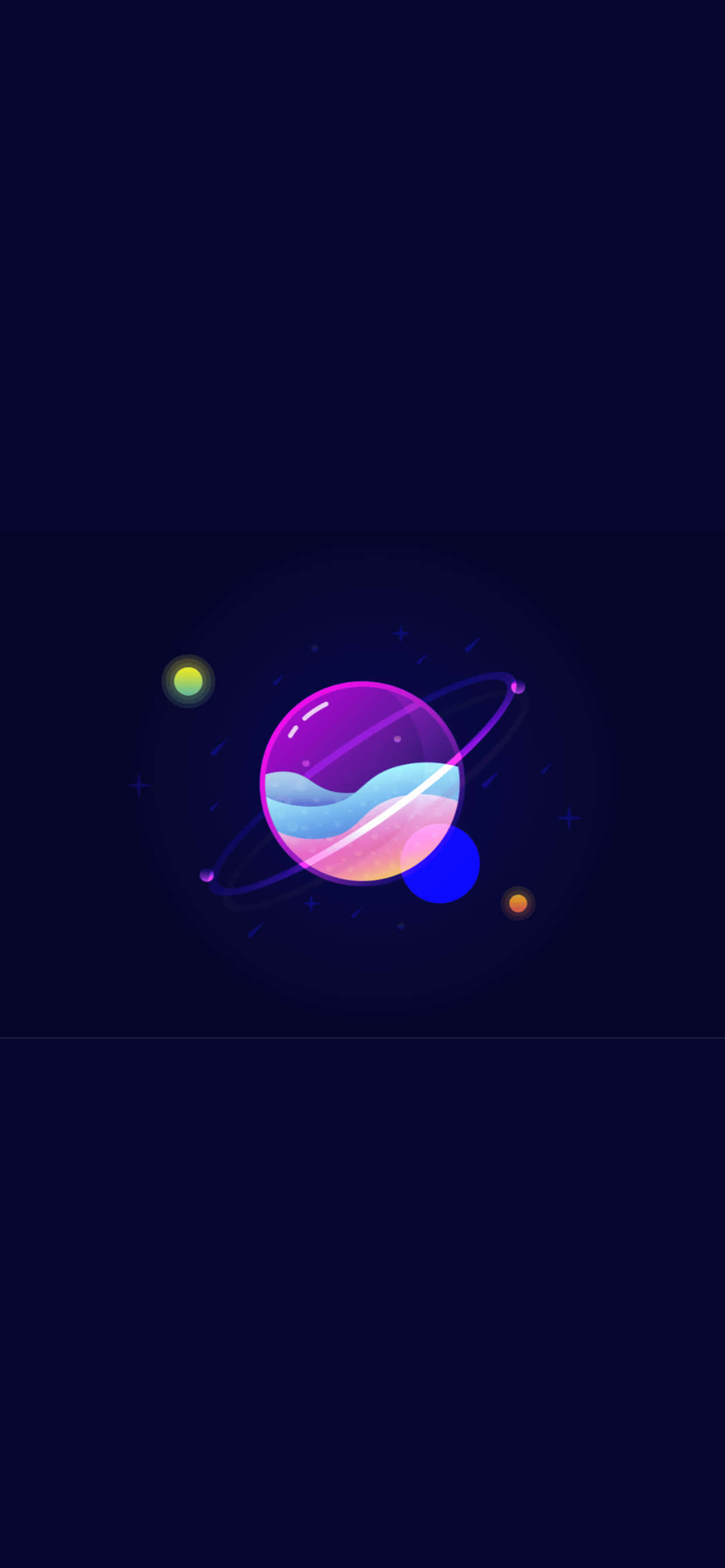 iPhone Xs Max Amoled 桌布 壁紙 — 一顆發光的紫色行星，帶有旋轉的藍色和粉紅色雲朵，環繞著一個有微小恆星和遙遠天體的黑暗虛空運行。