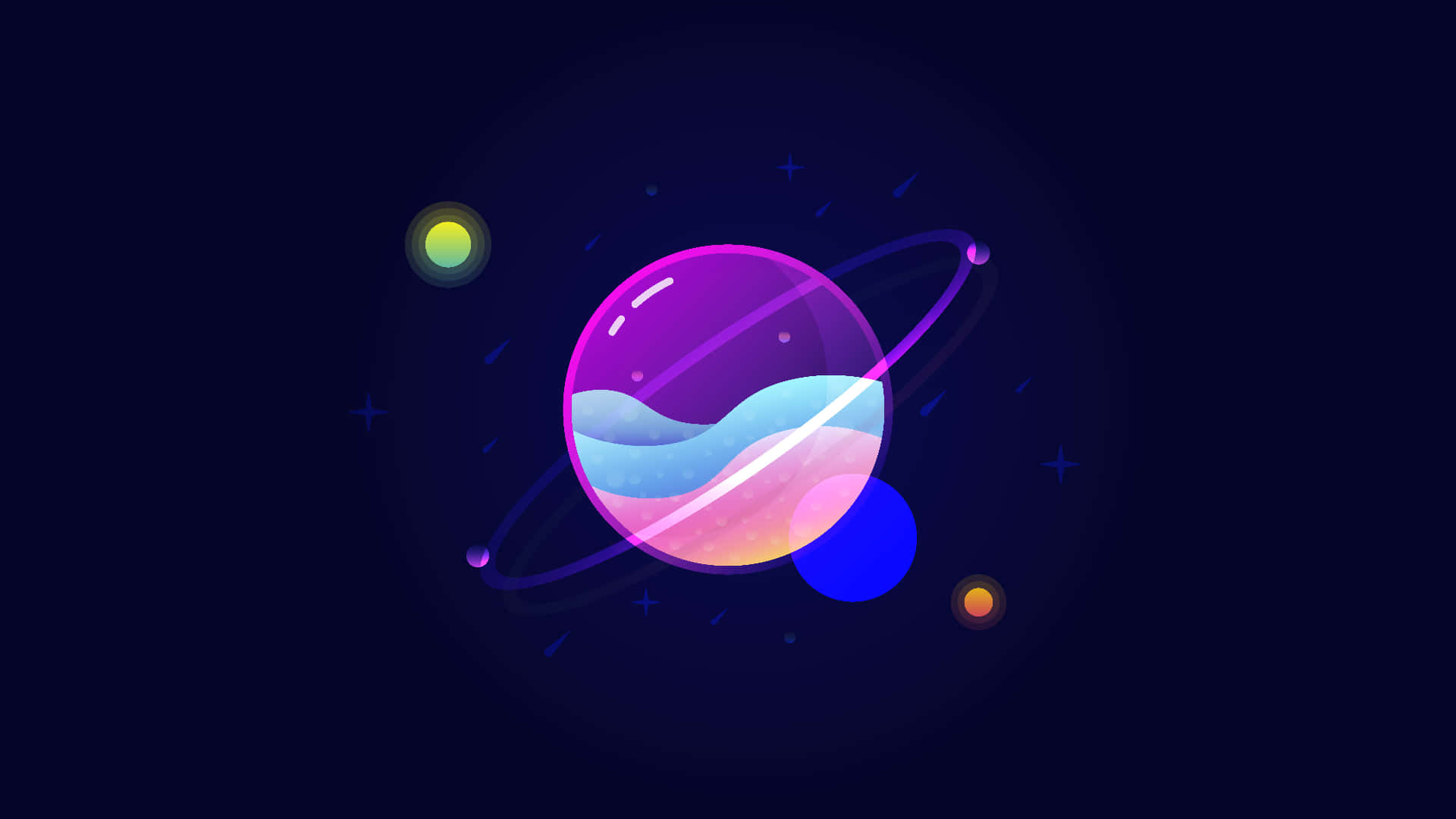 amoled 4K 桌布 壁紙 — 一顆發光的紫色行星，帶有旋轉的藍色和粉紅色雲朵，環繞著一個點綴著星星和細小彩色天體的黑暗宇宙虛空運行。