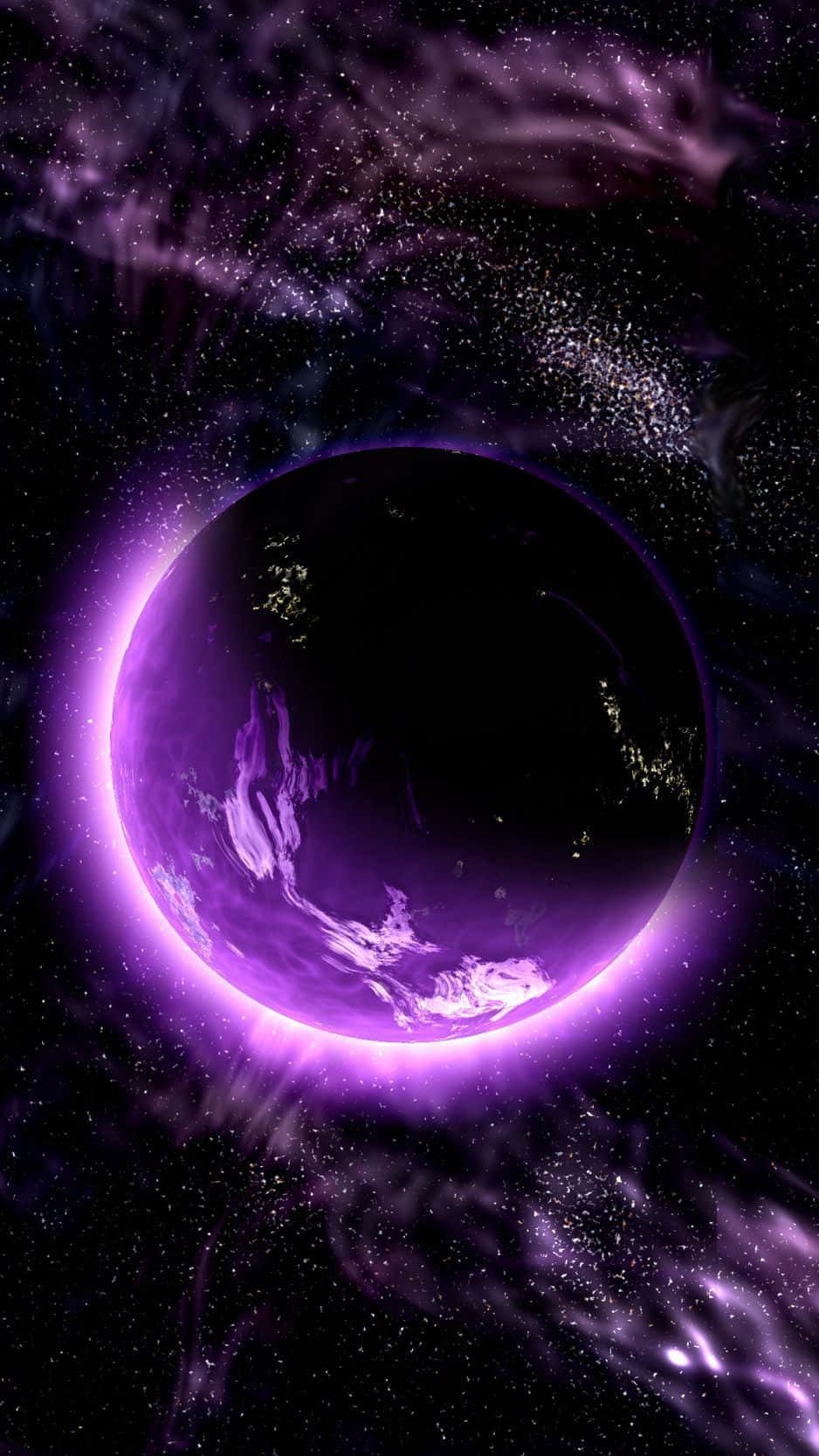 外太空 桌布 壁紙 — 一顆發光的紫色行星，帶有旋轉的雲層和城市燈光，在繁星點點的宇宙星雲中運行。
