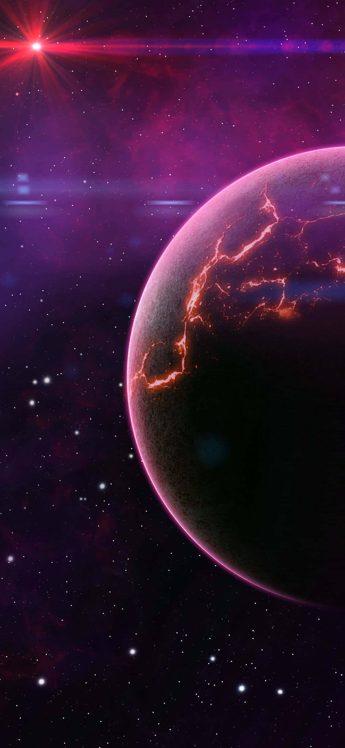 銀河 桌布 壁紙 — 一顆發光的紫色行星，帶有熾熱的閃電裂縫，環繞著一顆光芒四射的紅色恆星，在繁星點點的宇宙中。