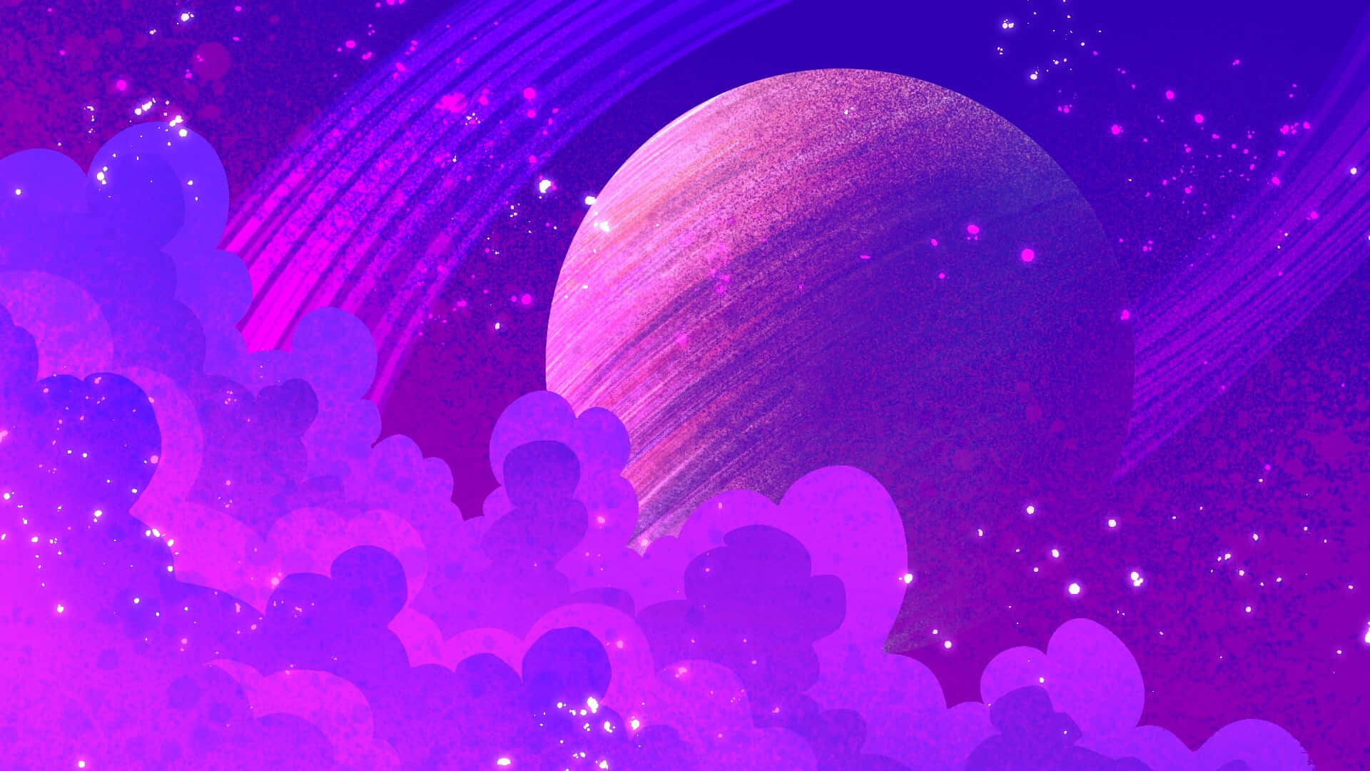 動態桌面 桌布 壁紙 — 一顆發光的紫色行星帶有旋轉的環，漂浮在星空下蓬鬆的宇宙雲層之上。