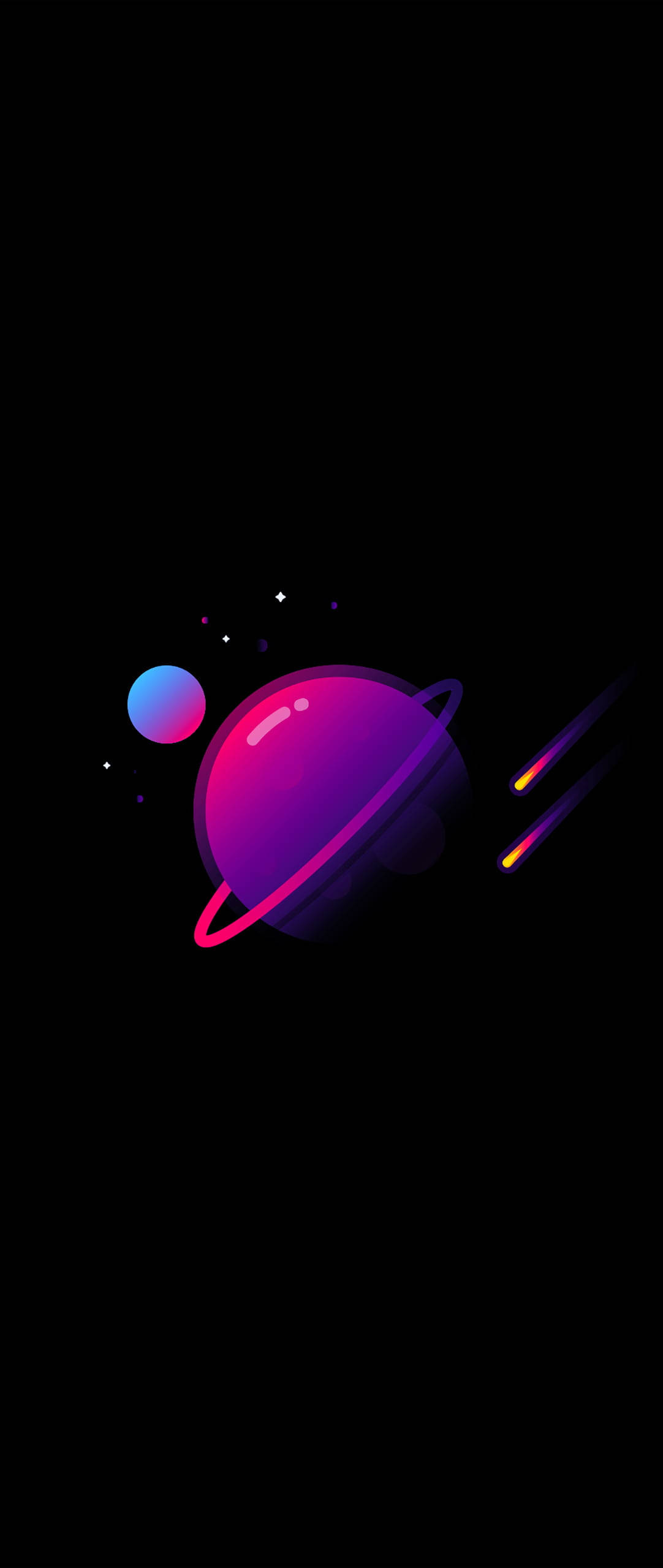 土星 桌布 壁紙 — 一顆發光的紫色行星帶有粉紅色環，繞著一顆藍色衛星運行，背景是繁星點點的黑色虛空，有彗星劃過。