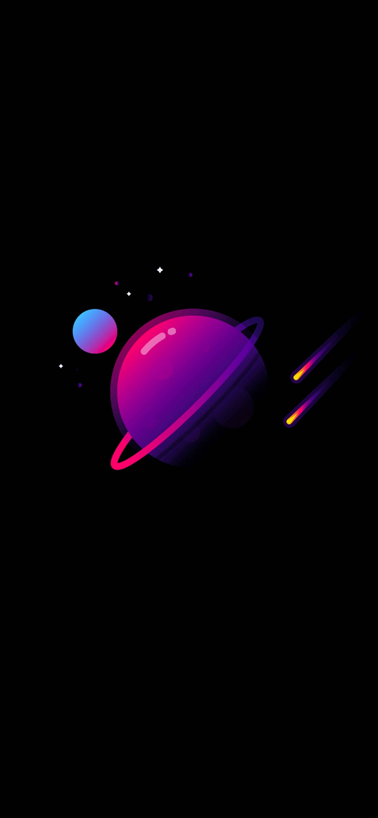 宇宙 桌布 壁紙 — 一顆發光的紫色行星帶有粉紅色環，在佈滿星星的黑色虛空和劃過的彗星旁邊，繞著一顆藍色衛星運行。