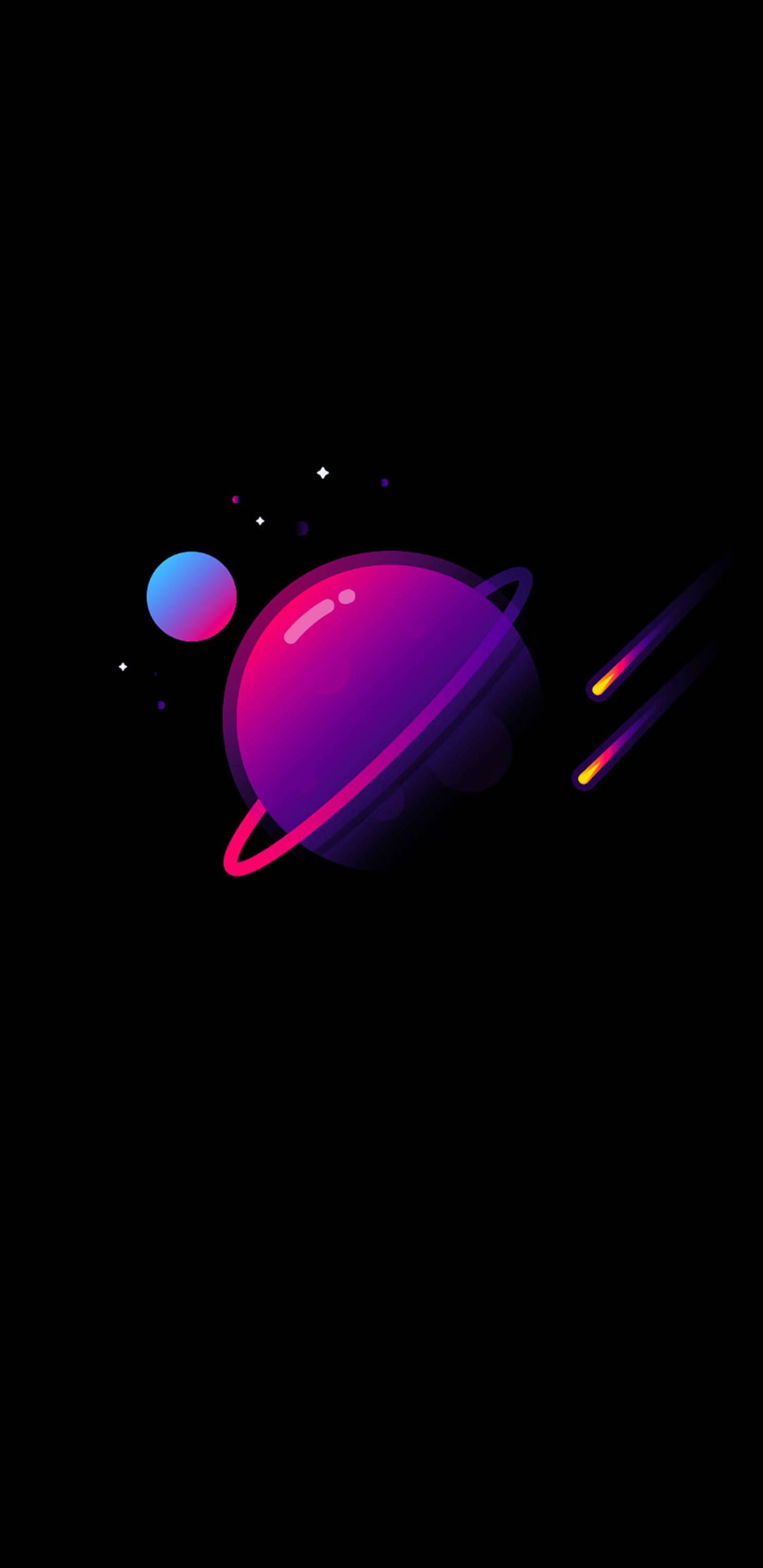 手機 桌布 壁紙 — 一顆發光的紫色行星帶有粉紅色環，在佈滿星星的黑色虛空中繞著一顆藍色衛星運行，並有彗星劃過。