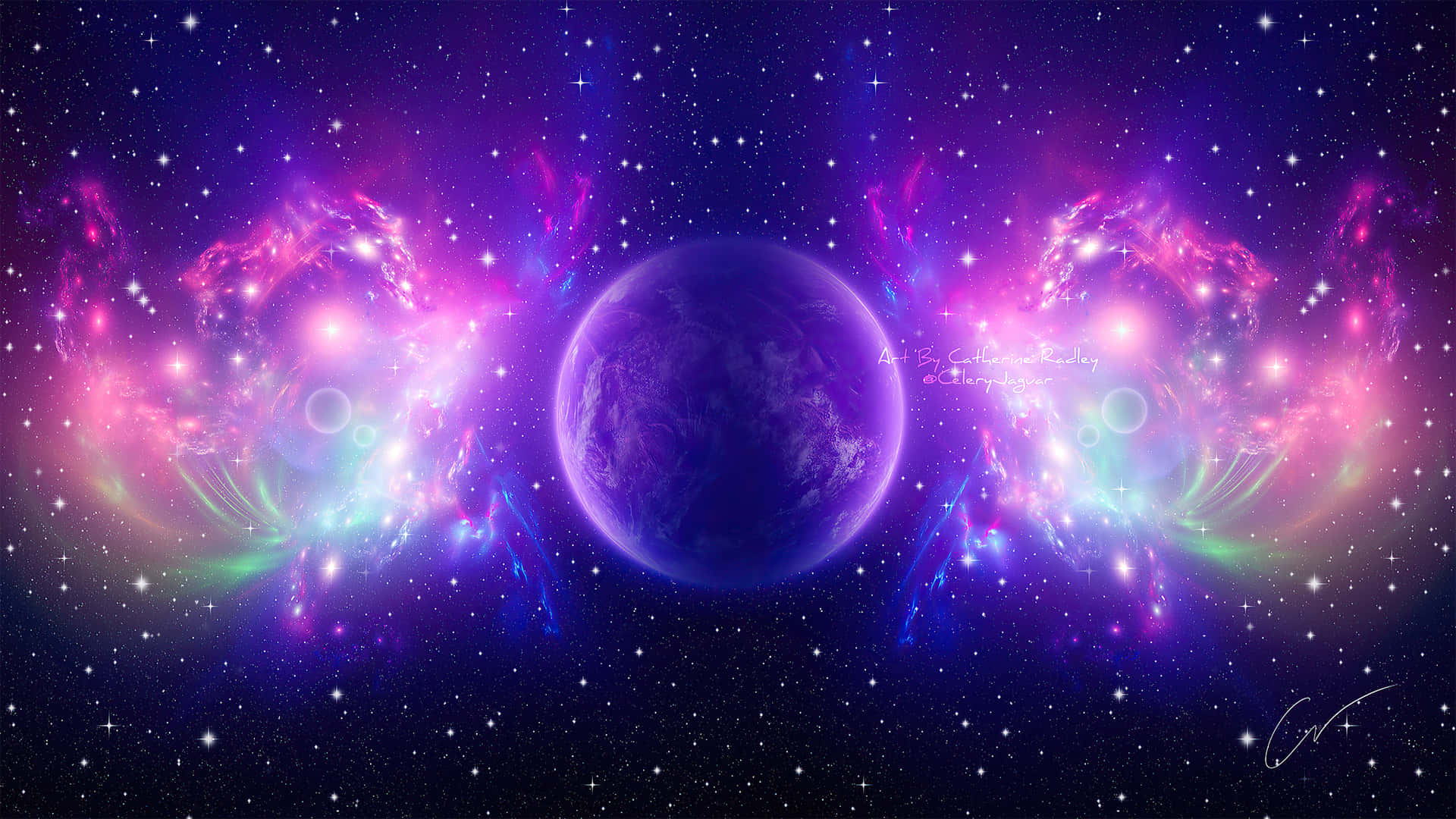 銀河 桌布 壁紙 — 一顆發光的紫色行星漂浮在充滿活力的粉紅色和藍色星雲中，下方是繁星點點的宇宙天空。