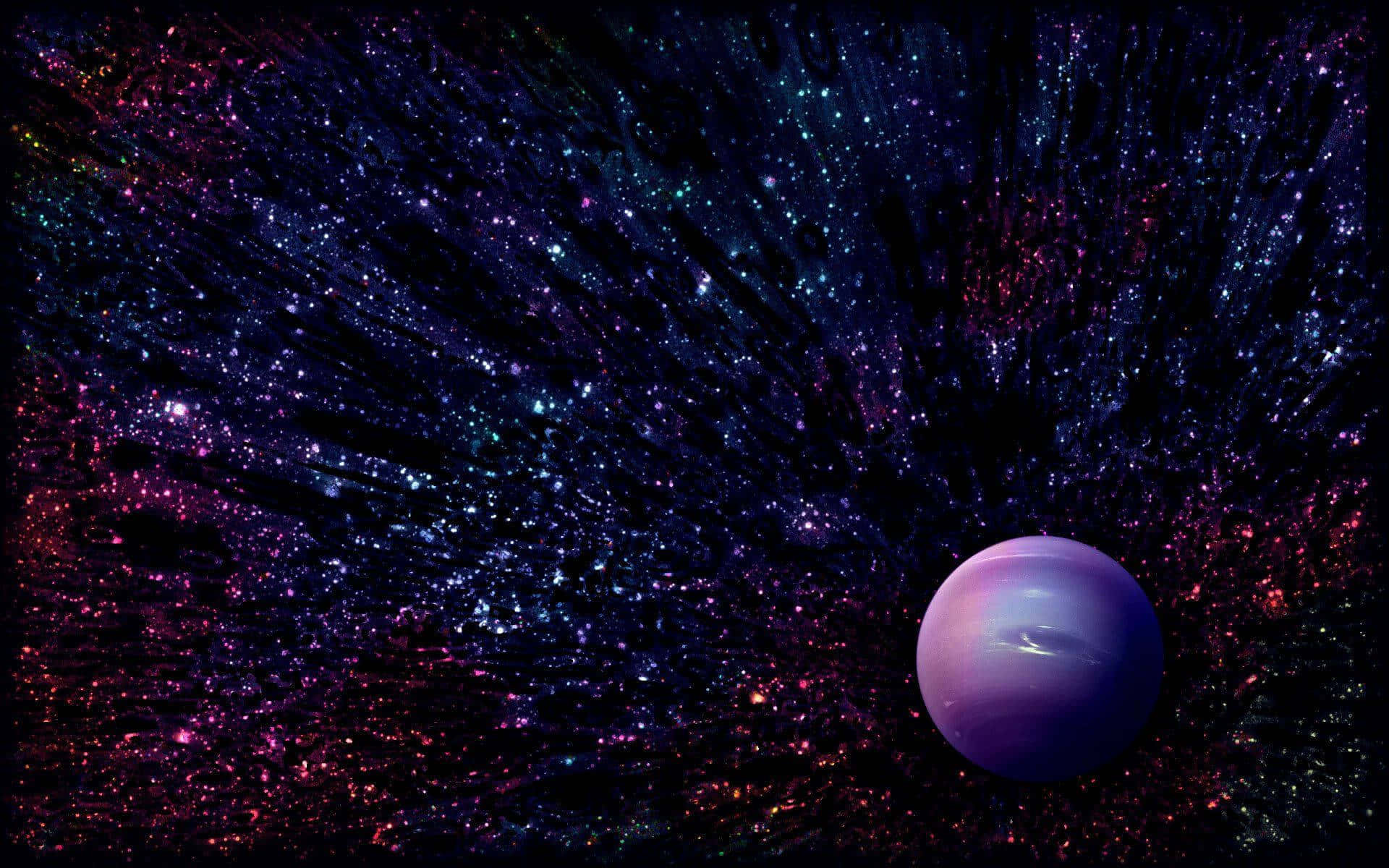 太陽系 桌布 壁紙 — 一顆發光的紫色行星漂浮在充滿粉紅色、藍色和星光的生動宇宙星雲中。