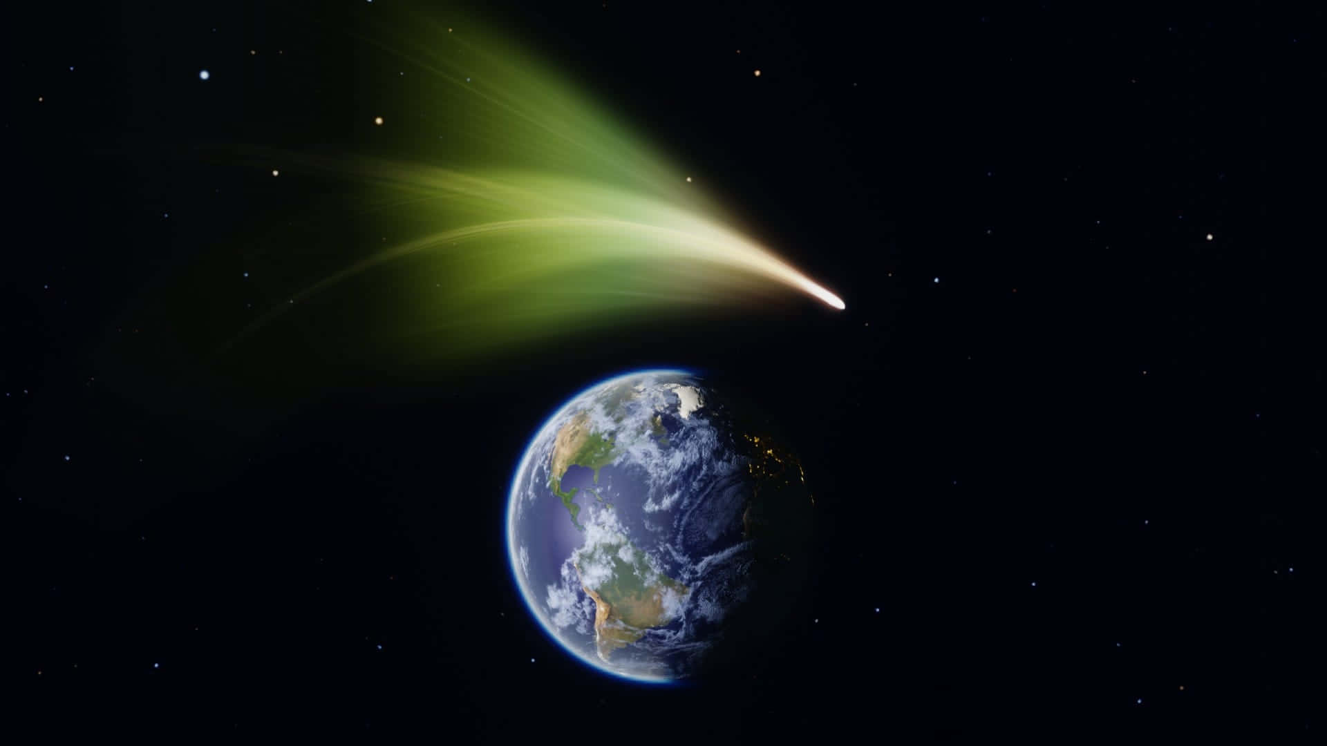 地球 桌布 壁紙 — 一顆發光的綠色彗星劃過藍白相間的地球，背景是繁星點點的黑色天空。
