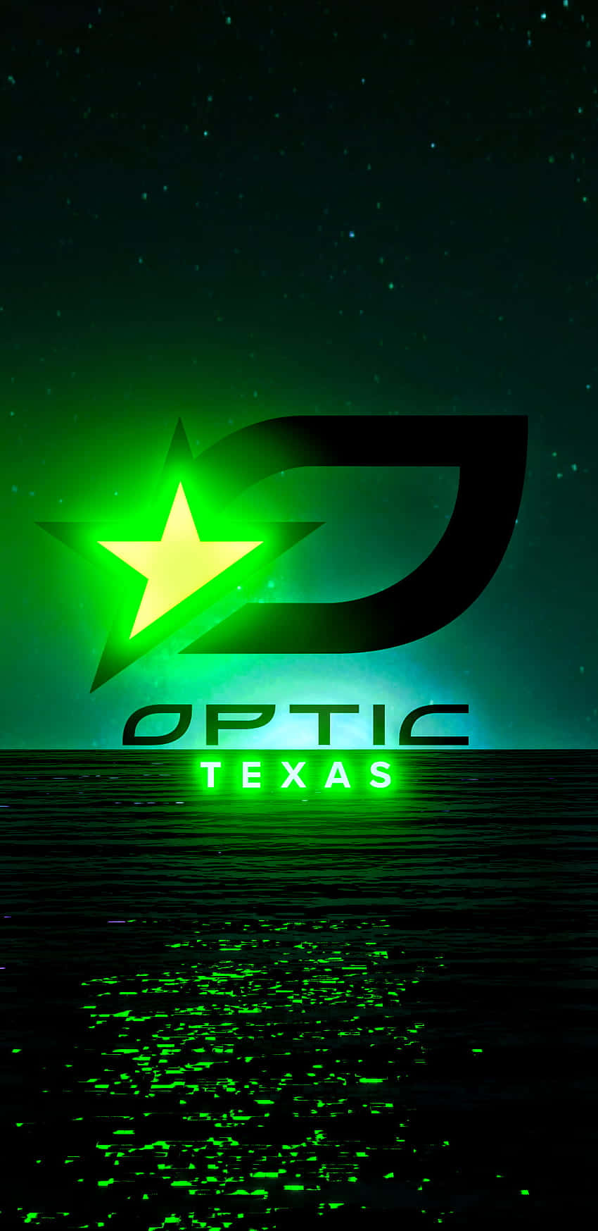 Texas iPhone 桌布 壁紙 — 一顆發光的綠色星星和標誌漂浮在水面上，星空下帶有霓虹倒影。