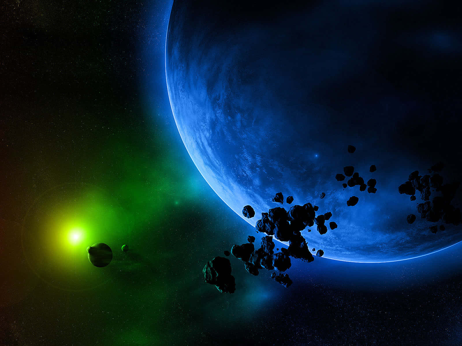 Beautiful Space 桌布 壁紙 — 一顆發光的綠色星星照亮了一顆藍色行星和漂浮的小行星，構成星空宇宙場景。