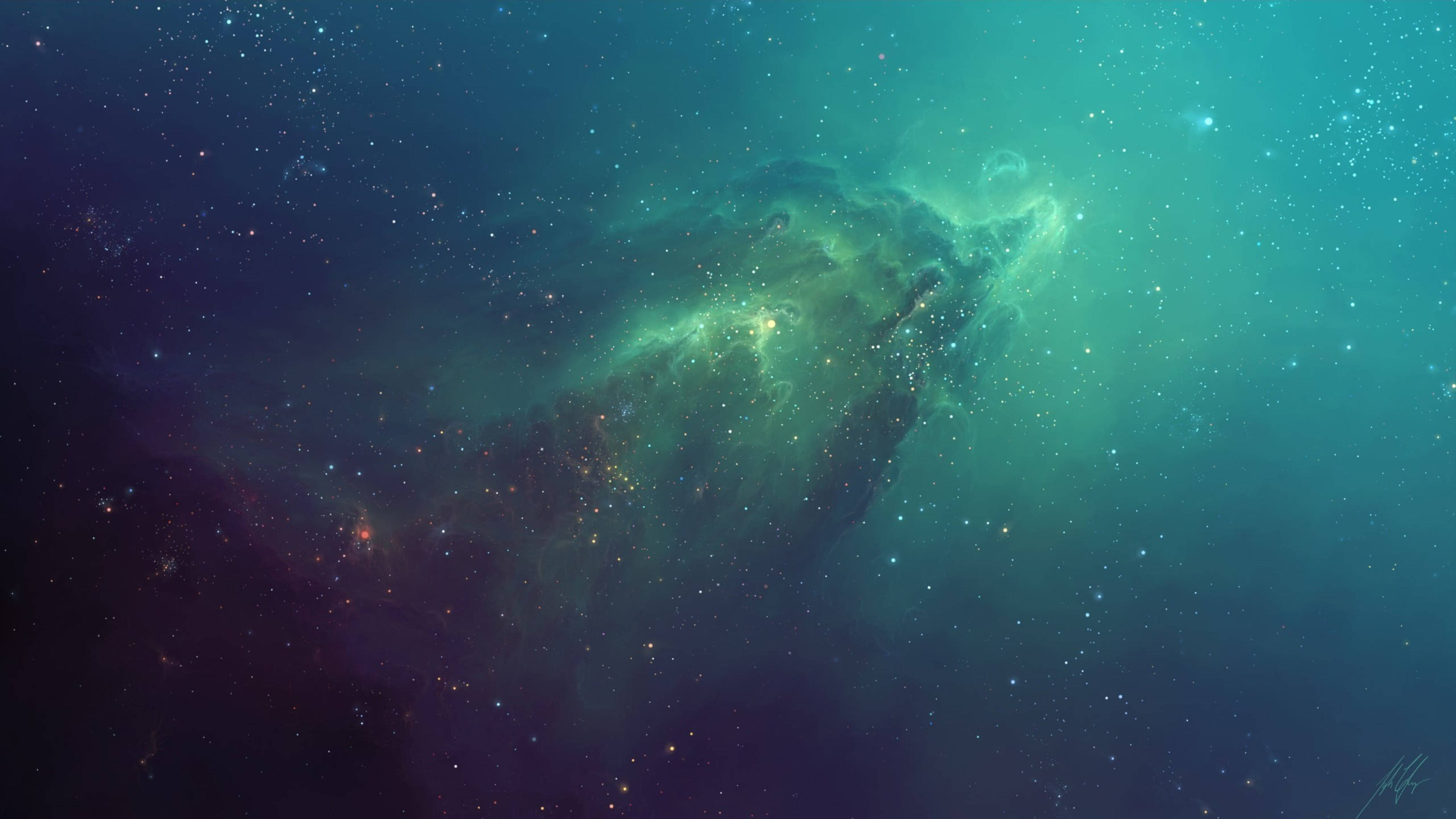 藍色抽象 桌布 壁紙 — 一顆發光的綠色星雲在星場中旋轉，帶有深藍綠色和紫色的宇宙塵埃。