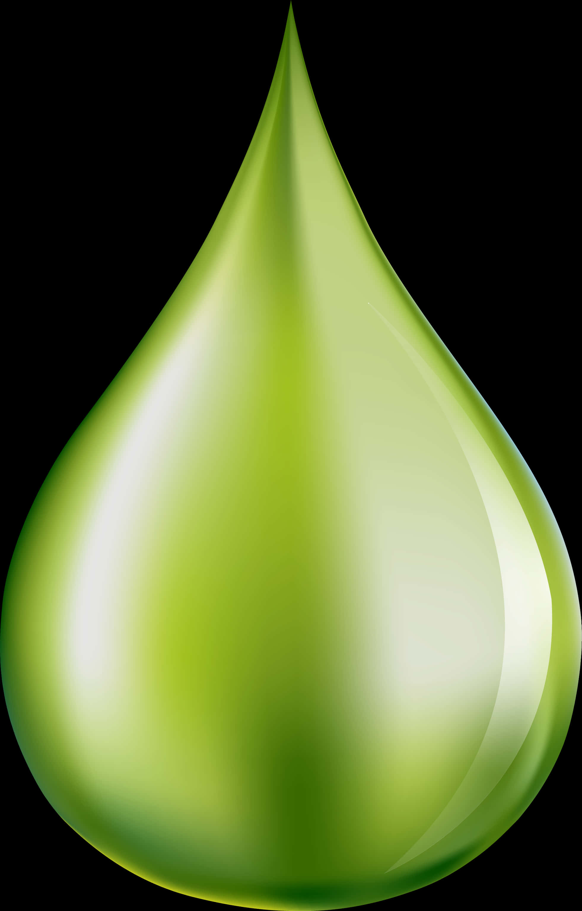 Water Droplet 桌布 壁紙 — 一顆發光的綠色水滴在純黑背景上閃爍著漸變高光。