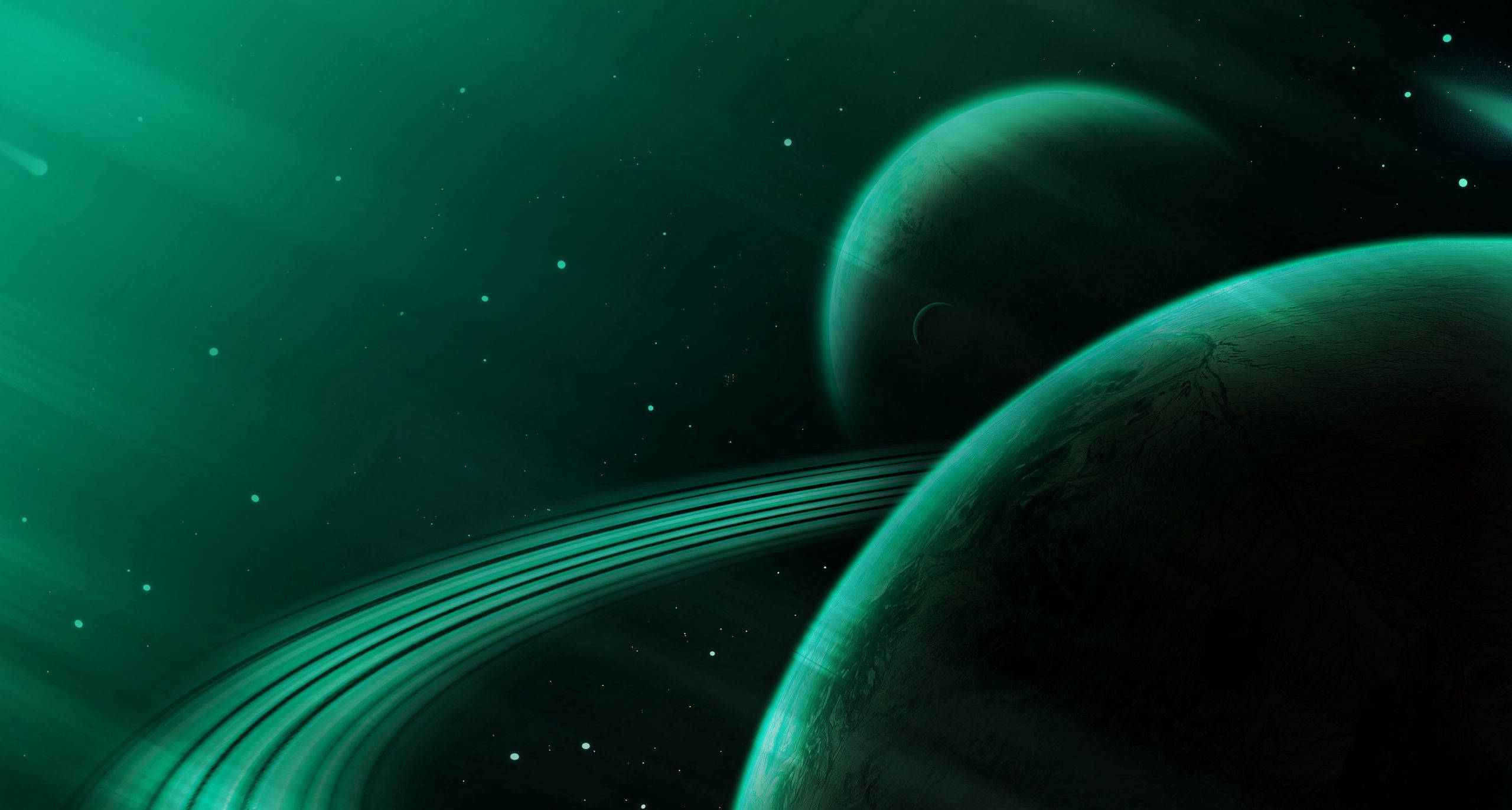 銀河 桌布 壁紙 — 一顆發光的綠色環狀行星主宰著一個宇宙場景，其中有第二顆行星和深空星場。