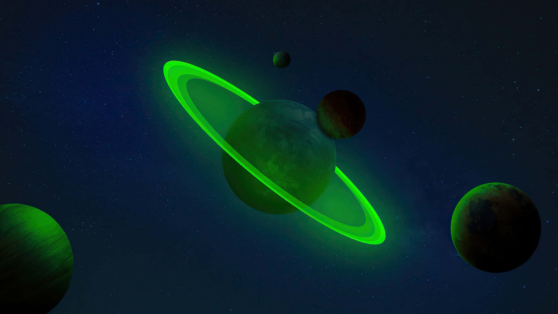 Lime Green Aesthetic 桌布 壁紙 — 一顆發光的綠色環狀行星在繁星點點的宇宙背景下，漂浮在黑暗天體之間。