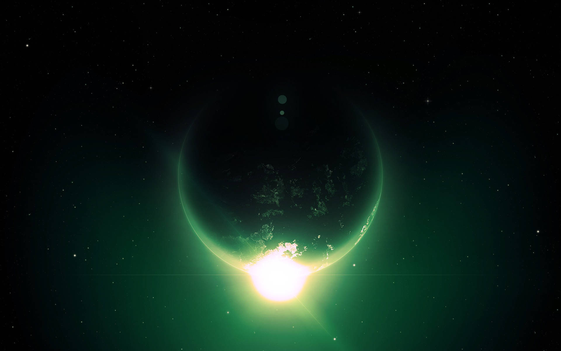 銀河 桌布 壁紙 — 一顆發光的綠色行星，地平線上有明亮的太陽爆發，背景是繁星點點的黑色天空。