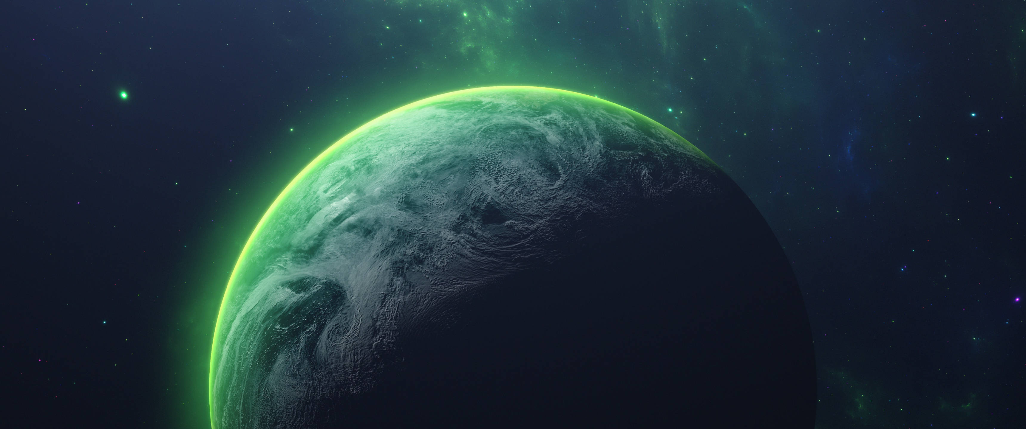 銀河 桌布 壁紙 — 一顆發光的綠色行星，帶有旋轉的雲層，在佈滿星雲和遙遠恆星的星際宇宙中運行。