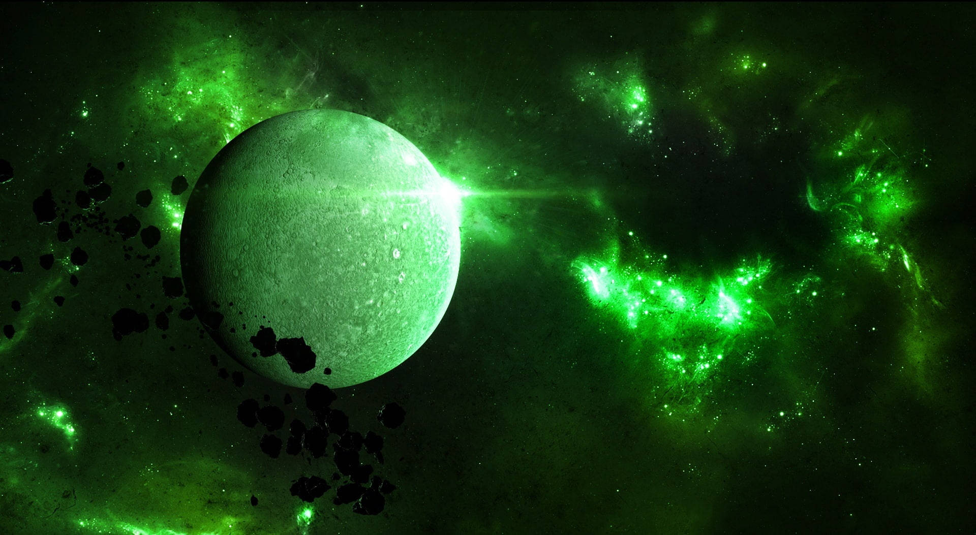 銀河 桌布 壁紙 — 一顆發光的綠色行星在深邃太空中，於旋轉的宇宙星雲和漂浮的小行星之間散發出耀眼的光芒。