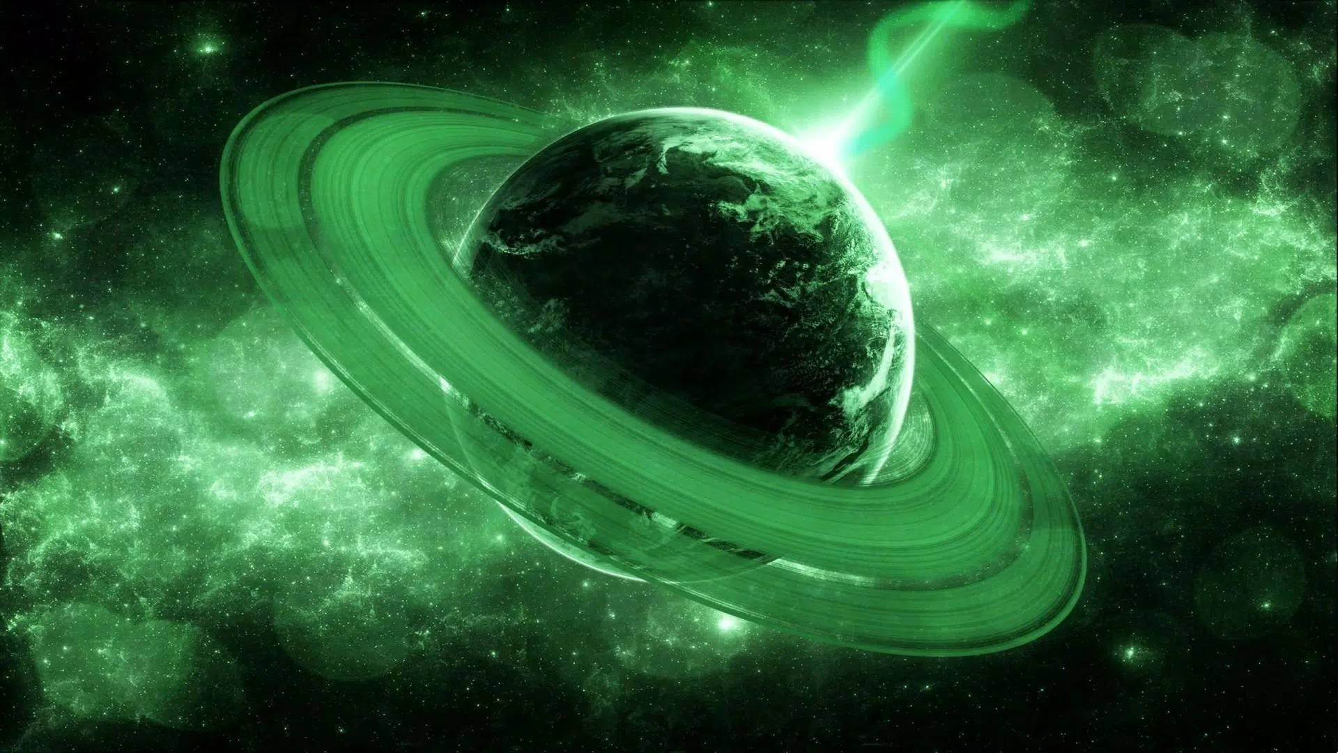 銀河 桌布 壁紙 — 一顆發光的綠色行星帶有光環，在充滿閃爍星星和宇宙塵埃的活躍星雲中運行。