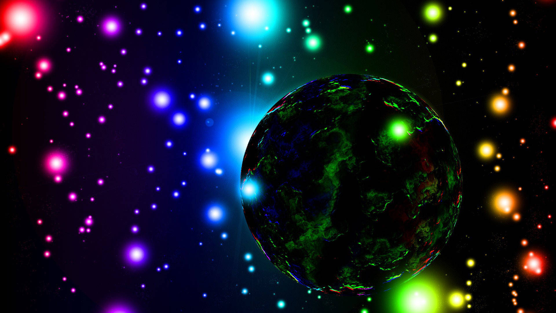 Best Desktop 桌布 壁紙 — 一顆發光的綠色行星漂浮在充滿多彩恆星的生動宇宙星雲中，背景是黑暗的虛空。