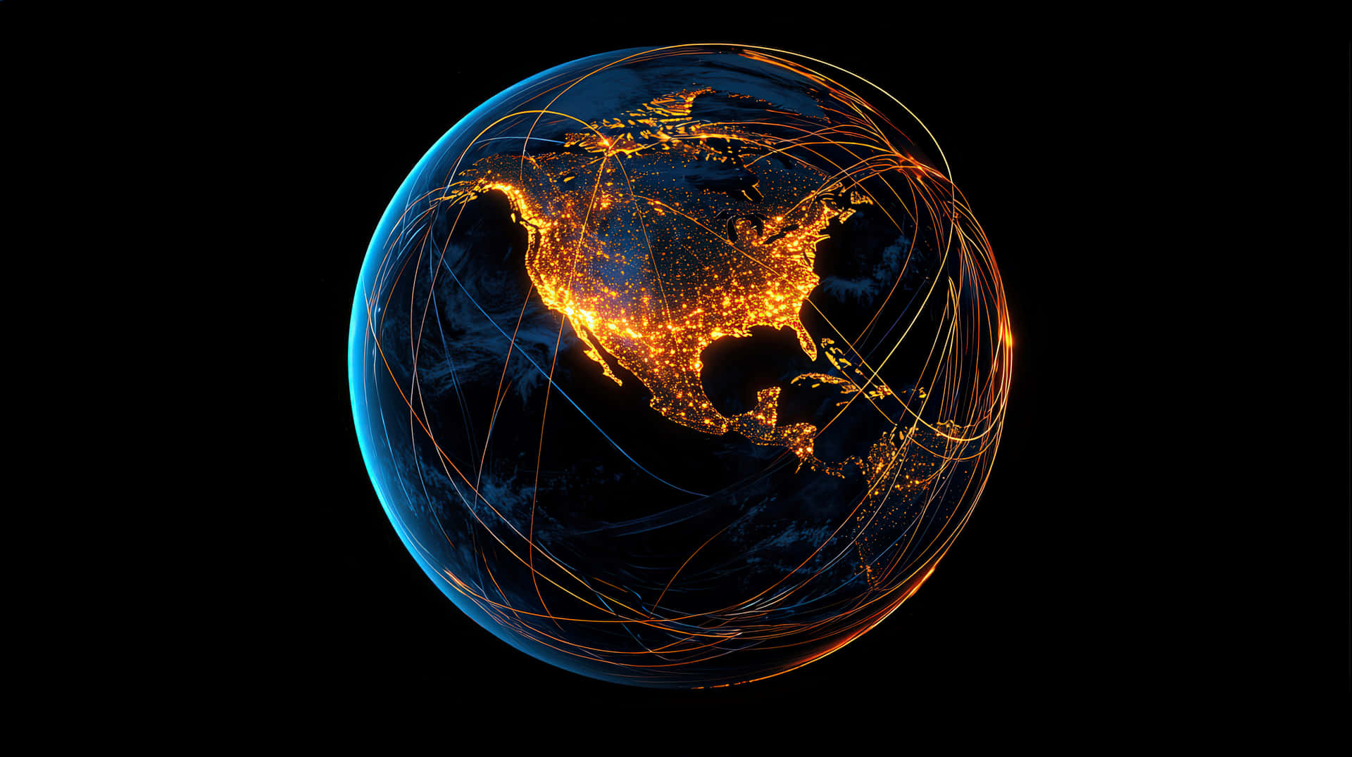 Digital Connectivity Across Earth at Night with Glowing Network Lines 壁紙 — 一顆發光的藍色地球，北美上空有鮮豔的橙色城市燈光，以及發光的軌道線，背景是黑色虛空。