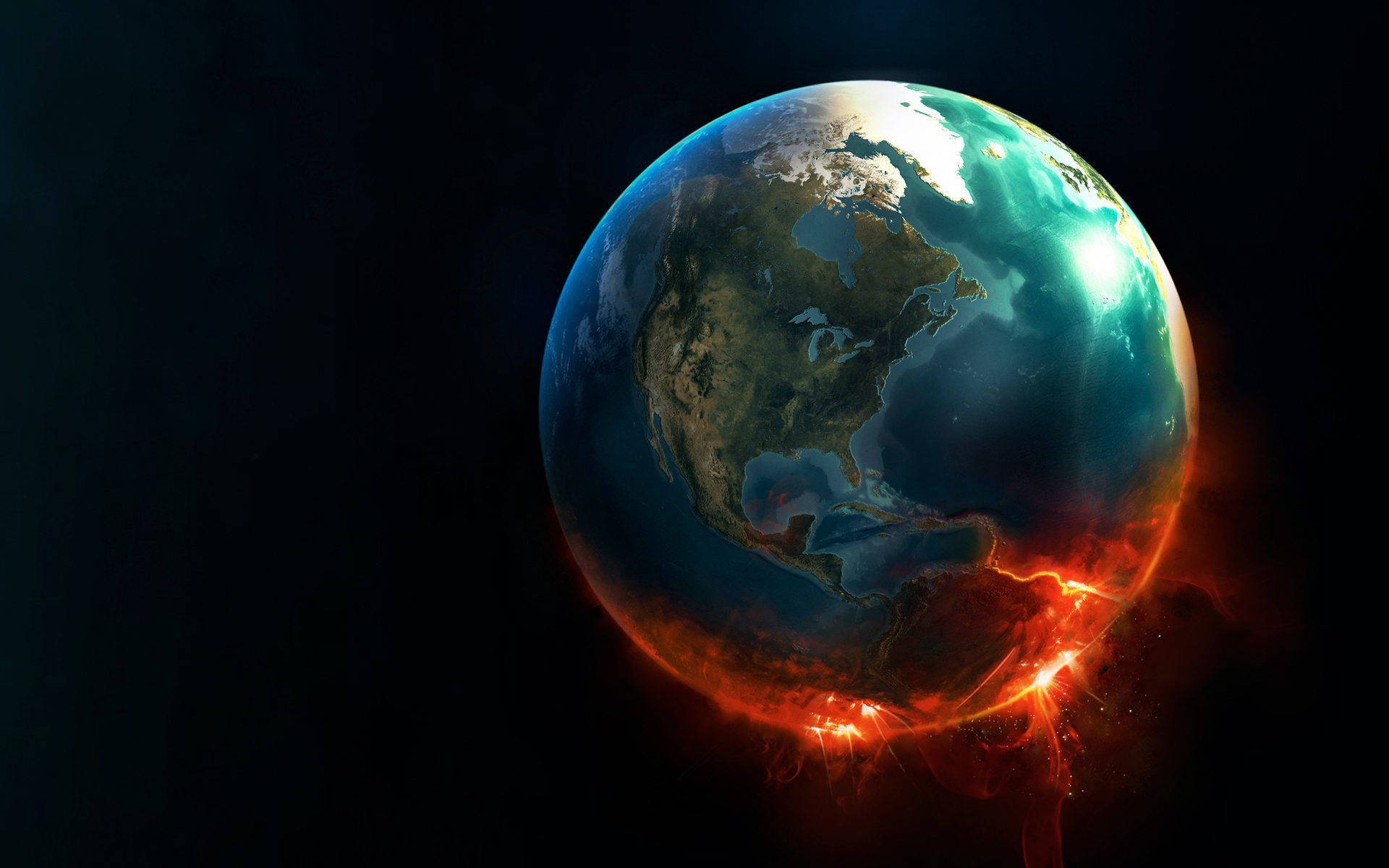 World Globe 桌布 壁紙 — 一顆發光的藍色地球，熾熱的橙色熔岩從其下半球噴湧而出，背景是黑暗的宇宙虛空。