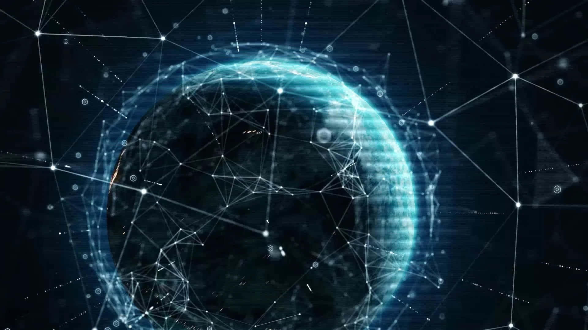 AI 桌布 壁紙 — 一顆發光的藍色地球，被一個由相互連接的節點和線條組成的發光數位網路所包裹，背景是黑暗的宇宙。