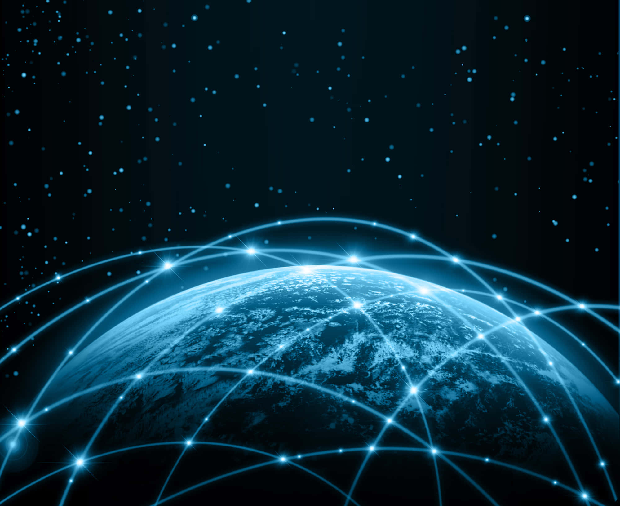 Global 桌布 壁紙 — 一顆發光的藍色地球，被深空中發光的數據流和星星環繞。