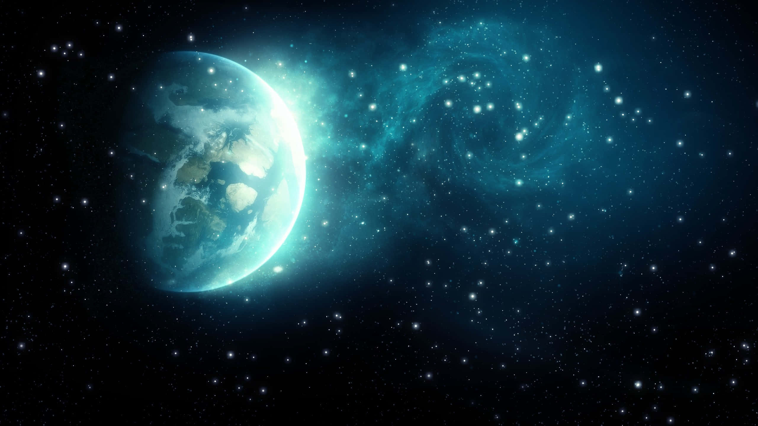 Celestial Bodies 桌布 壁紙 — 一顆發光的藍色地球在深邃太空中，環繞著一個旋轉的青綠色星雲，背景是繁星點點。