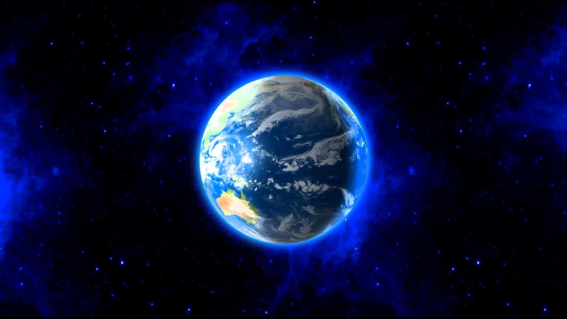 planet earth 桌布 壁紙 — 一顆發光的藍色地球在滿佈星斗的宇宙虛空中寧靜地漂浮，周圍有旋轉的星雲和遙遠的恆星。