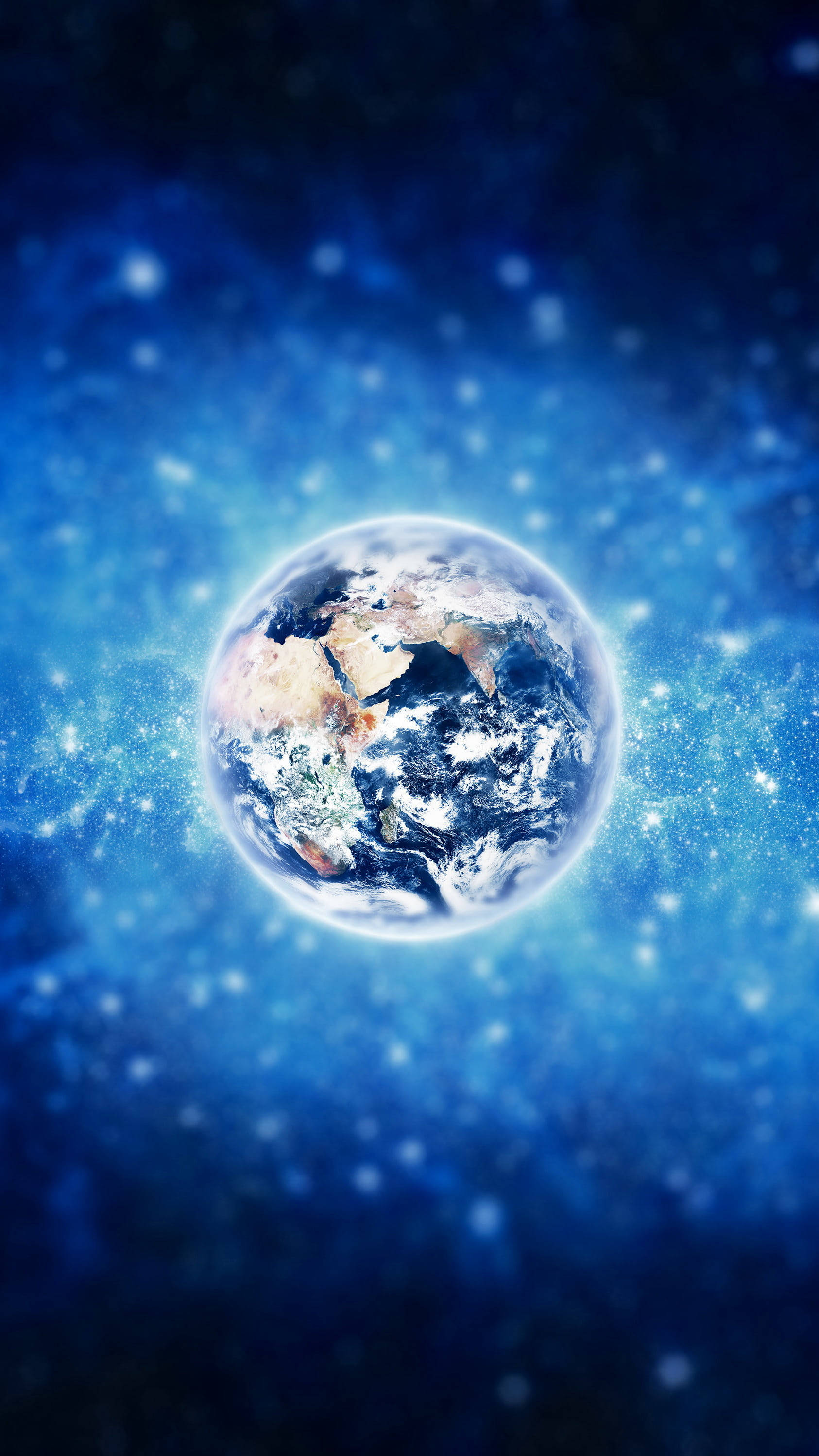 太空電話 桌布 壁紙 — 一顆發光的藍色地球在繁星點點的宇宙中寧靜地漂浮，周圍環繞著輻射光粒子。