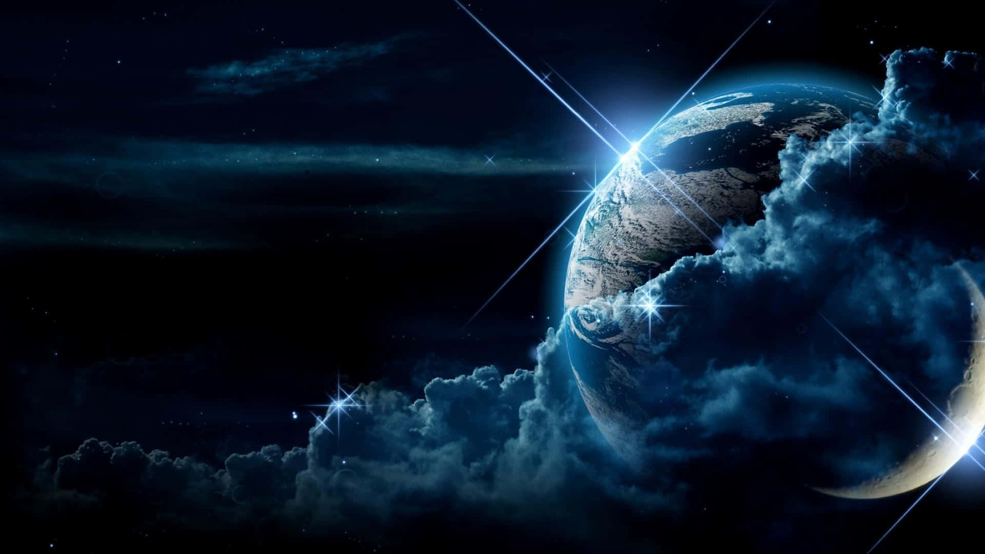 外太空 桌布 壁紙 — 一顆發光的藍色地球從旋轉的宇宙雲層中浮現，背景是繁星點點的夜空和耀眼星爆。