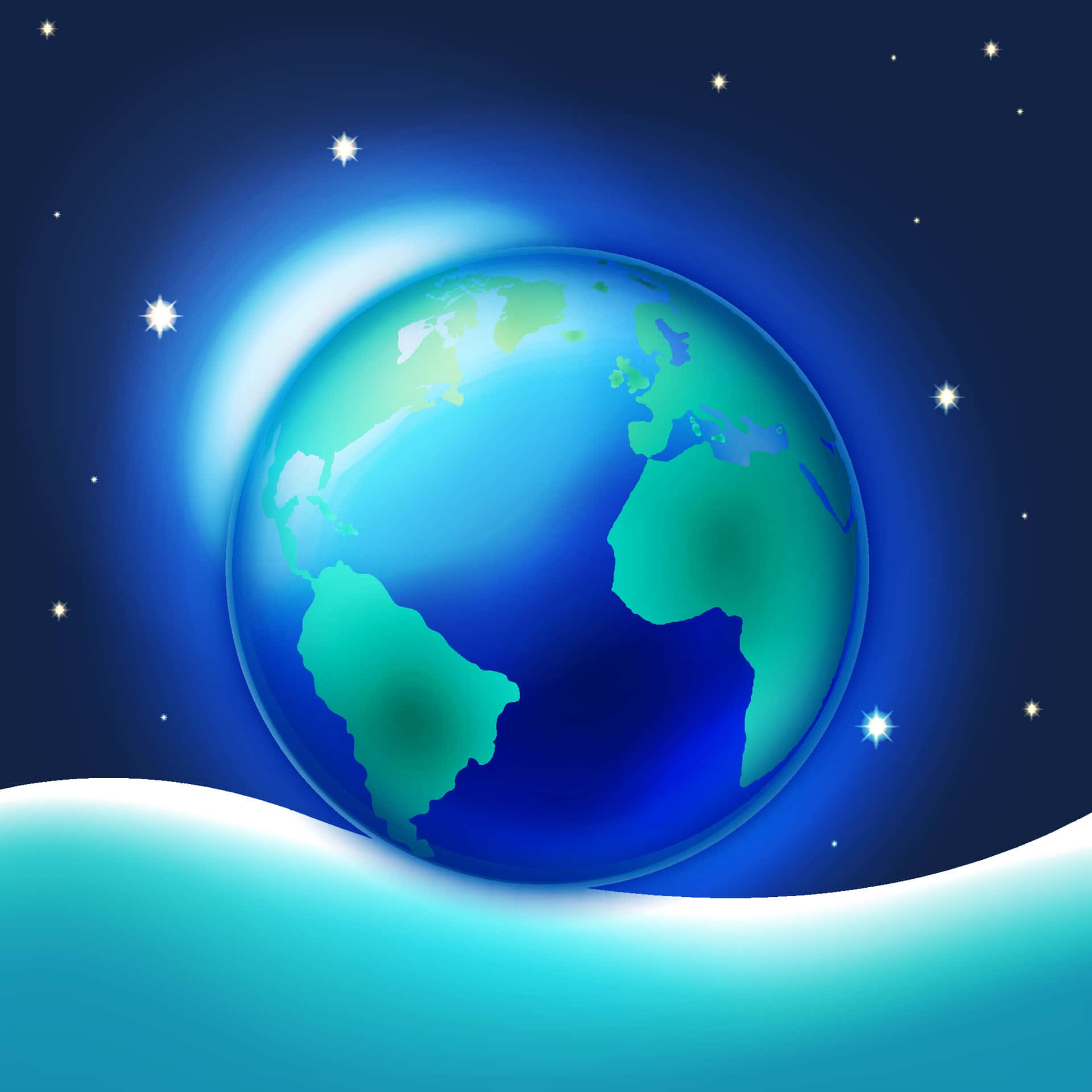 Earth Day 桌布 壁紙 — 一顆發光的藍色地球漂浮在光波之上，下方是星光燦爛的夜空，散發著耀眼的光芒。