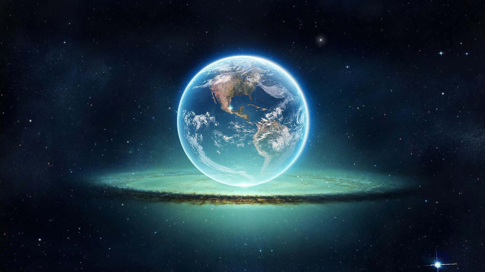 地球 桌布 壁紙 — 一顆發光的藍色地球漂浮在發光的綠色銀河帶上方，背景是繁星點點的宇宙。
