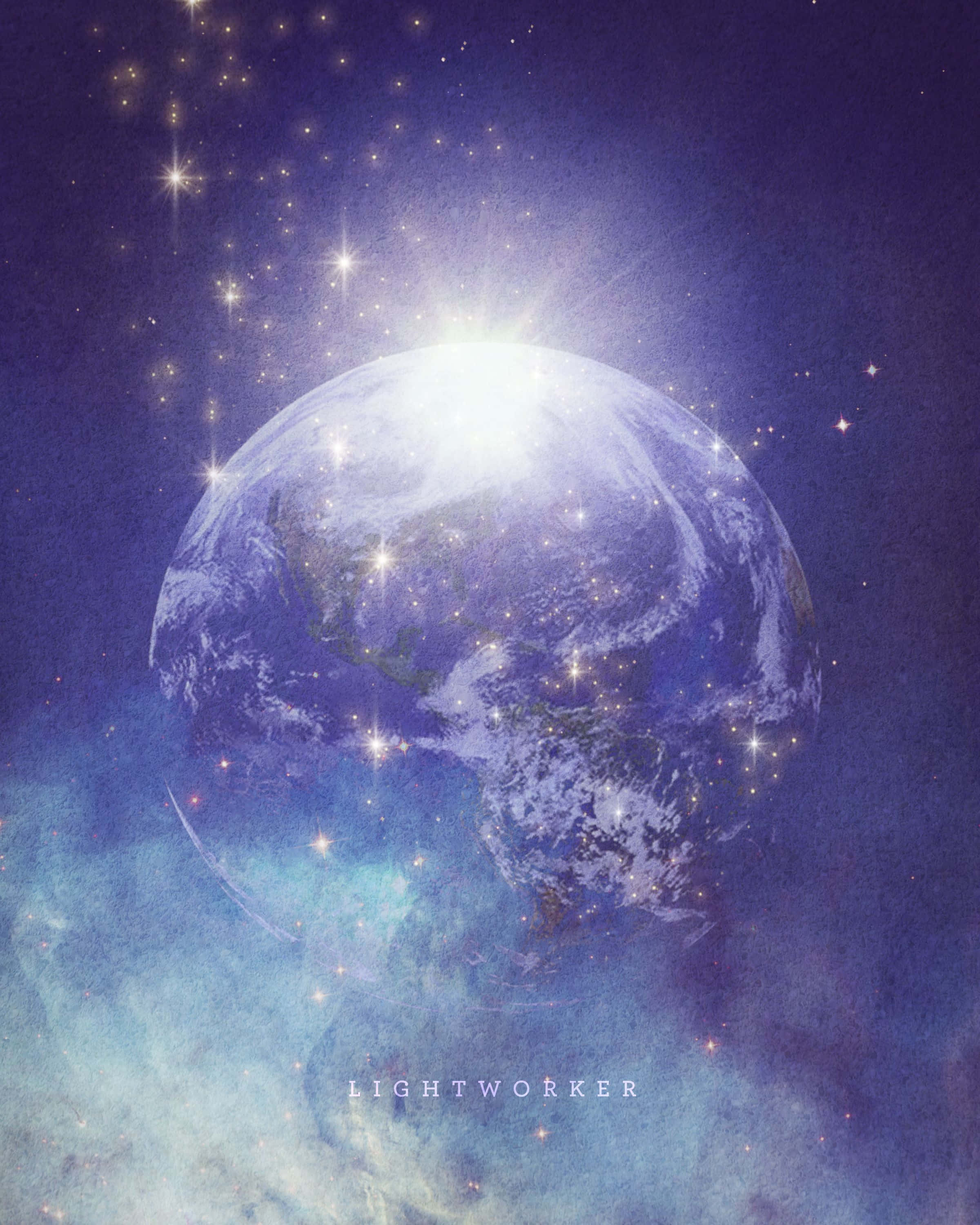 Galactic Center 桌布 壁紙 — 一顆發光的藍色地球漂浮在繁星點點的宇宙天空中，光芒從其表面迸發而出。