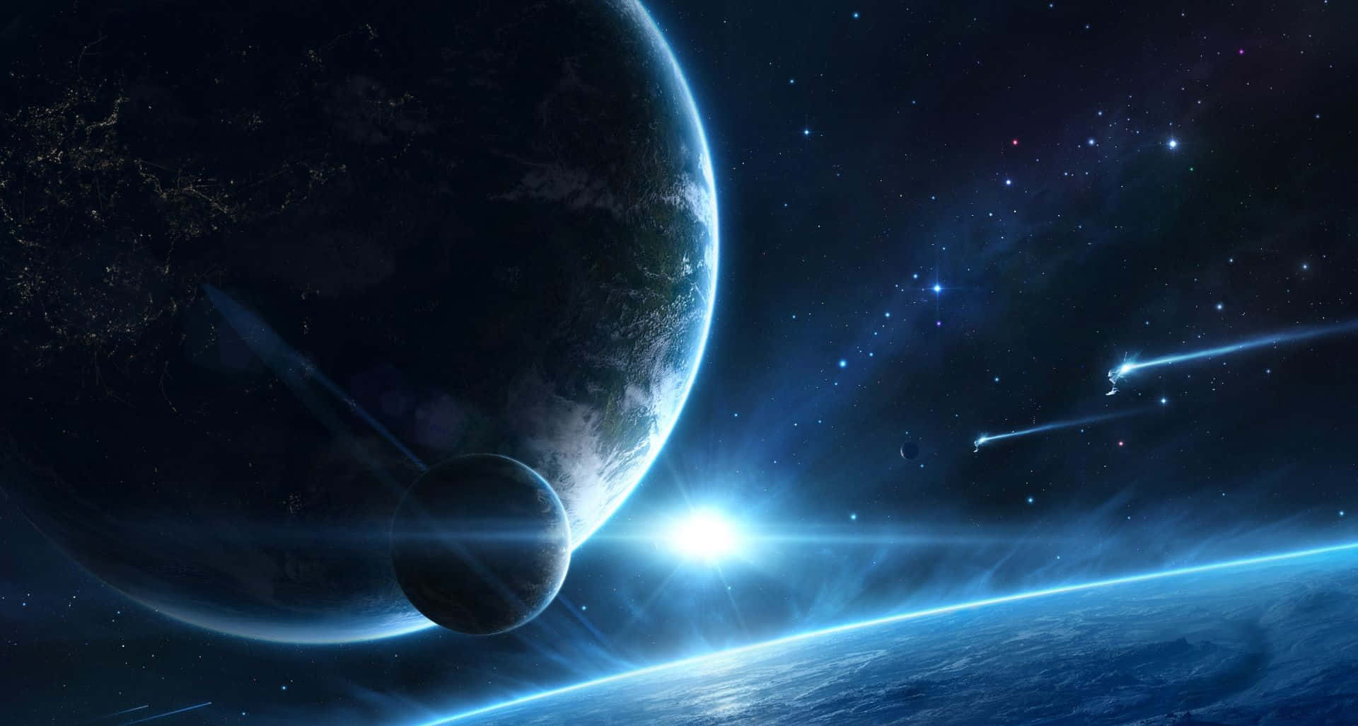 酷炫太空 桌布 壁紙 — 一顆發光的藍色太陽在行星彎曲的地平線上升起，伴隨著月亮和流星在繁星點點的夜空中。