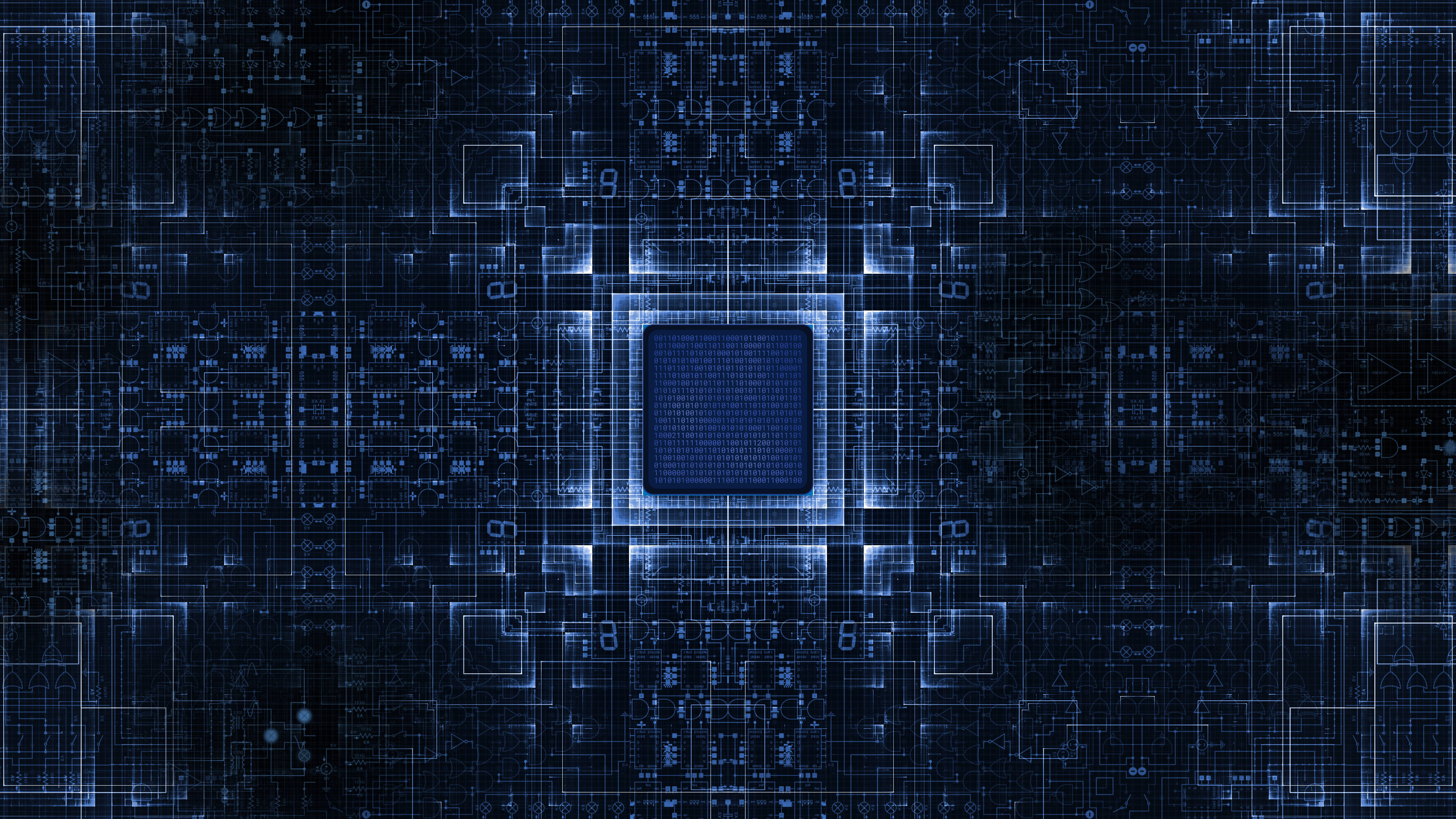 Processor 桌布 壁紙 — 一顆發光的藍色微晶片，置於複雜的數位電路圖案中央，背景為深色。