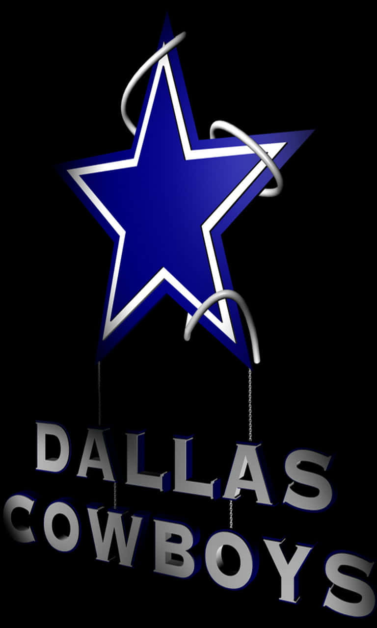 牛仔 桌布 壁紙 — 一顆發光的藍色星星，帶有銀色漩渦和'DALLAS COWBOYS'文字，懸掛在黑色背景上。